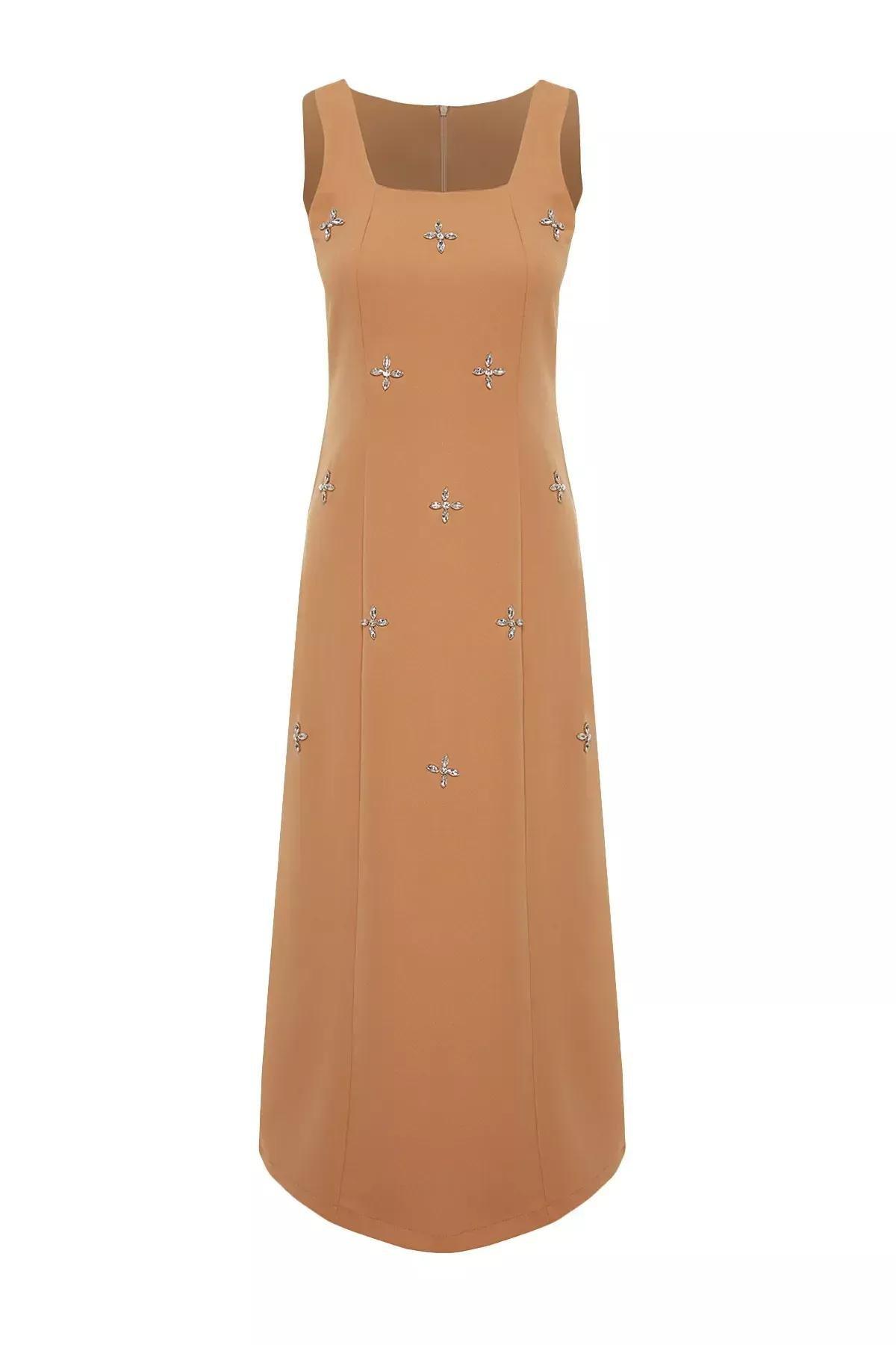 Beige Square Neck Woven Gilet Dress, CAMEL, large image number 5