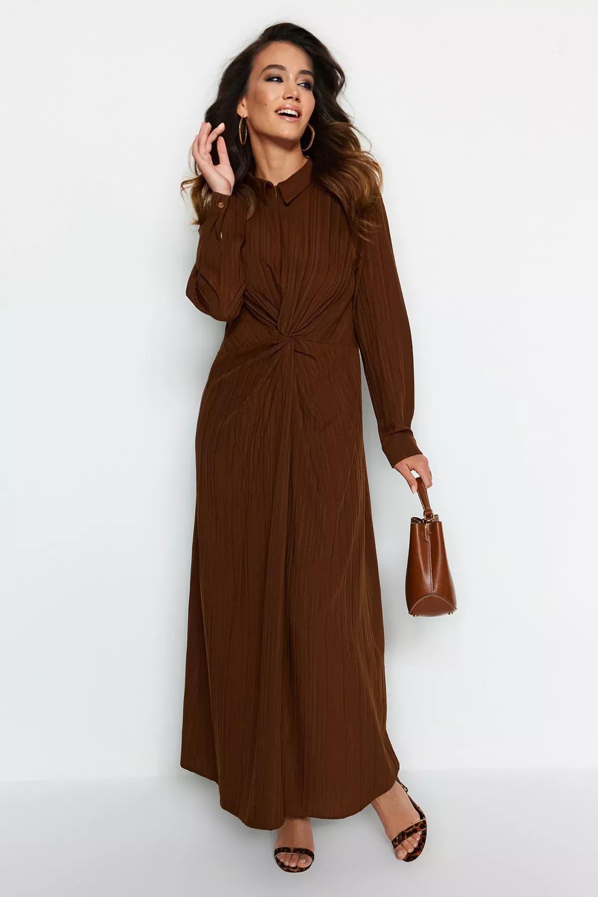 Brown Shift Knit Dress, Brown, medium