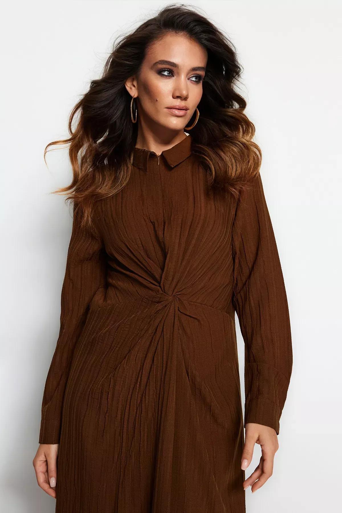 Brown Shift Knit Dress, Brown, medium