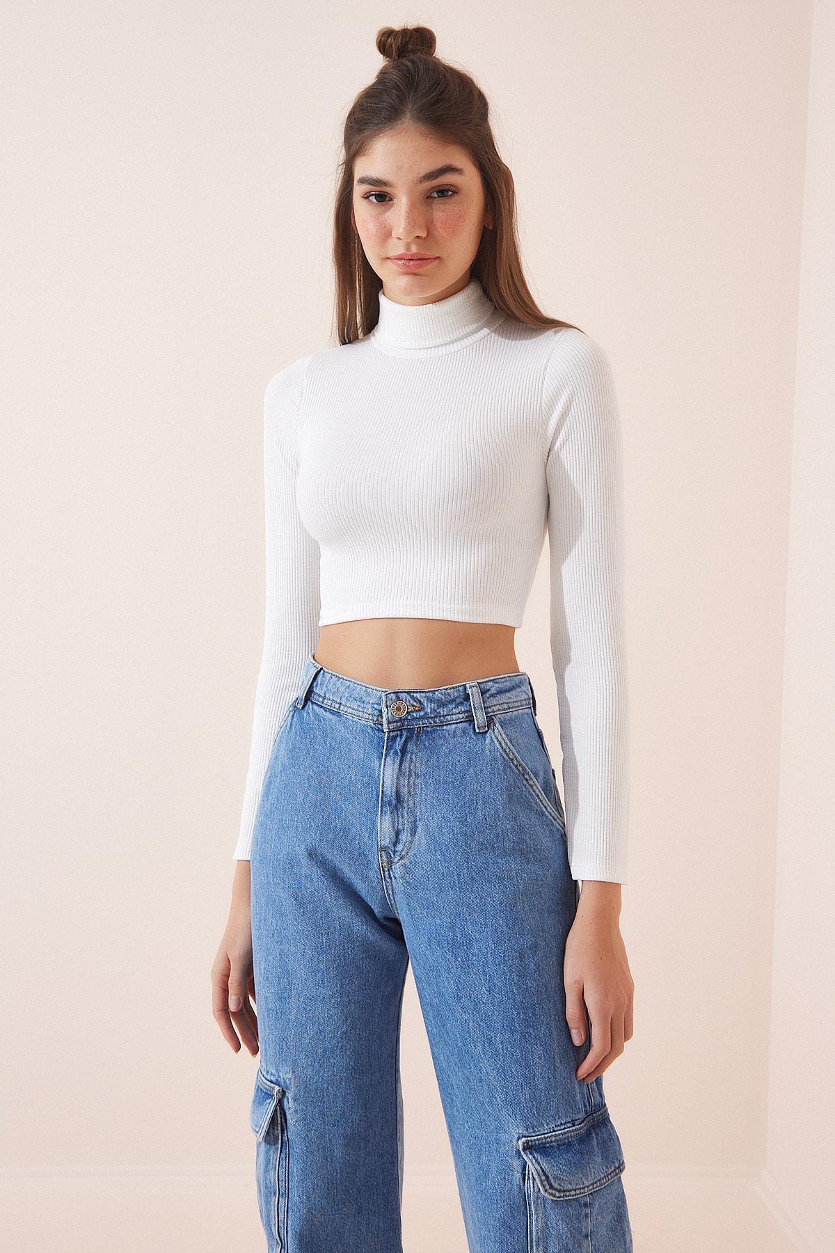 White Long Sleeve Bodycon Crop Top, , large image number 1