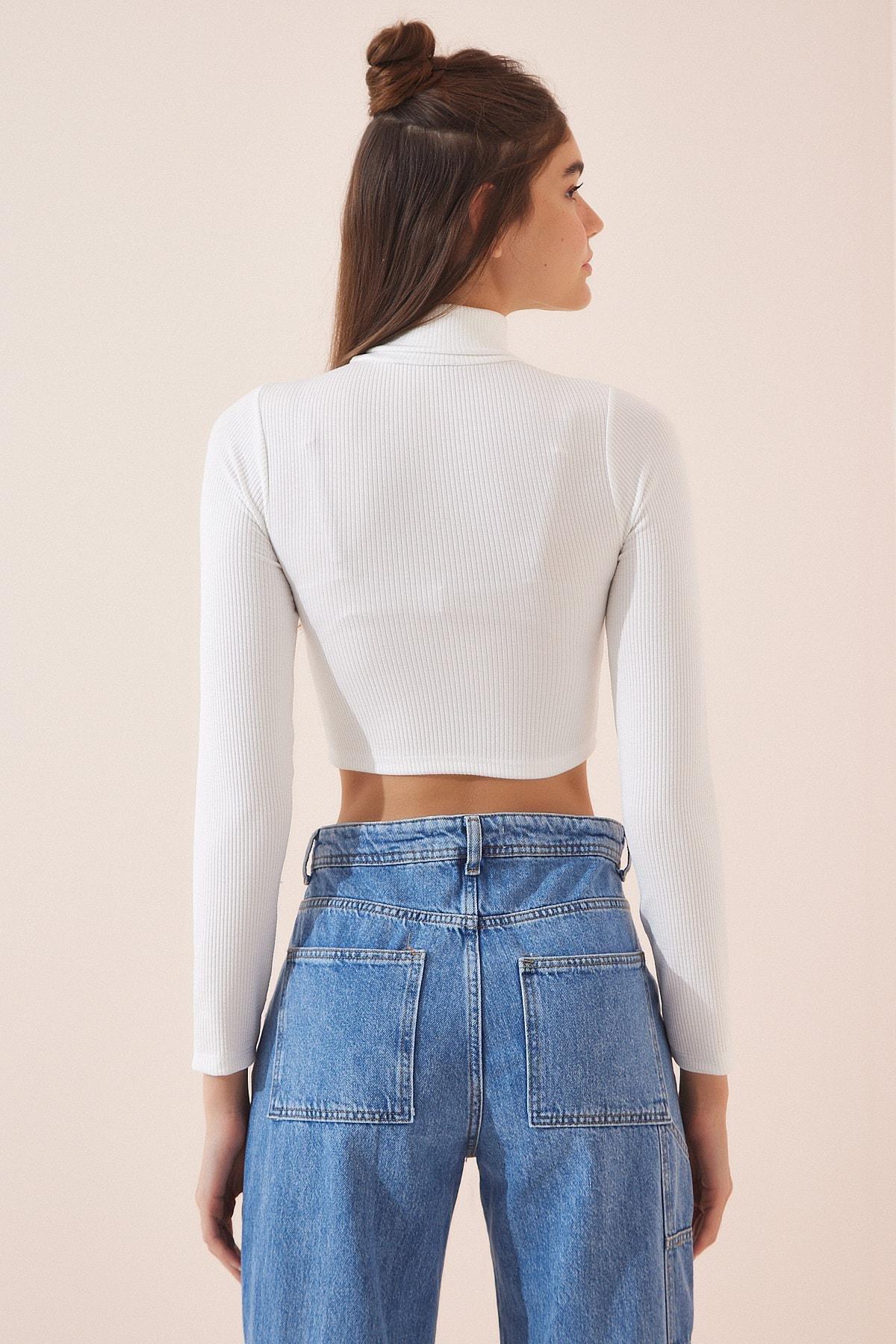 White Long Sleeve Bodycon Crop Top, , large image number 2