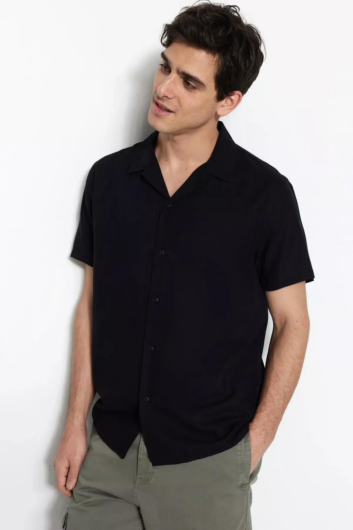 Black Cotton Collared Shirt, Black, medium