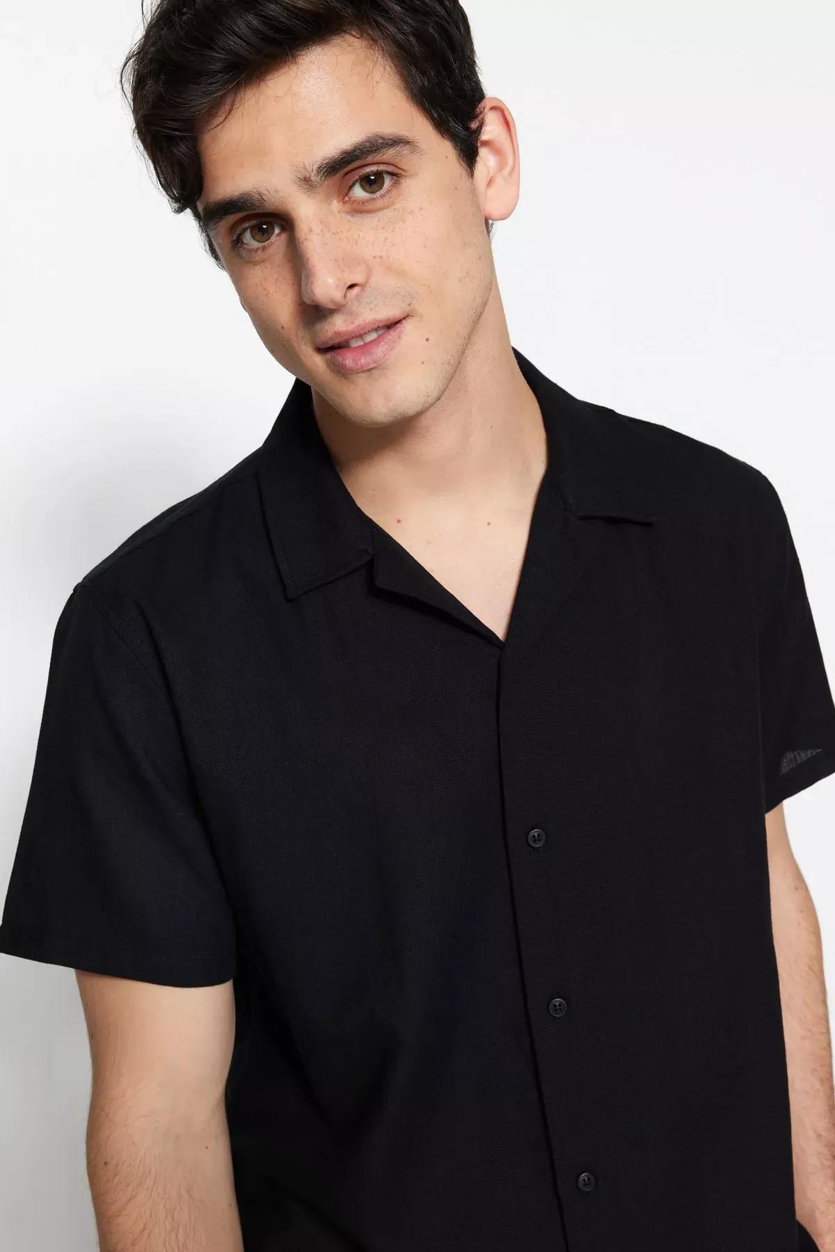 Black Cotton Collared Shirt, Black, medium