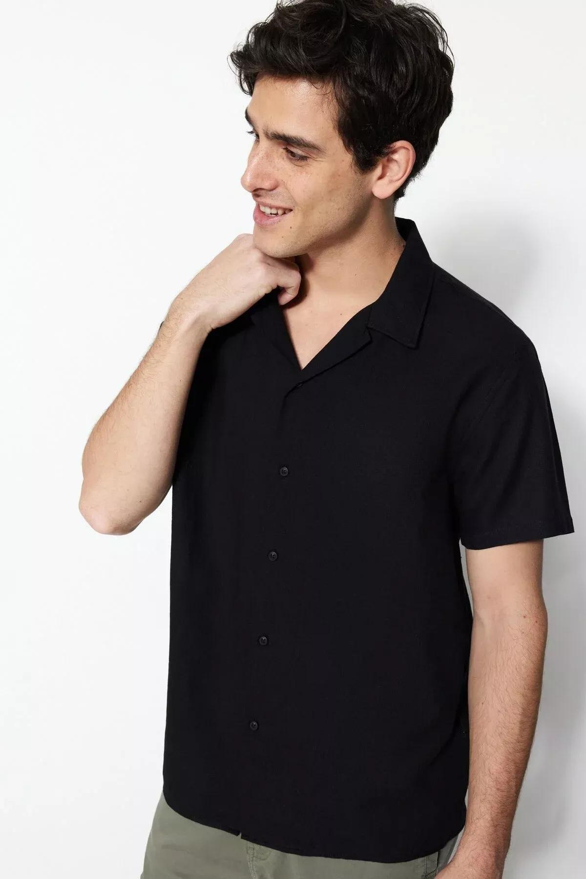 Black Cotton Collared Shirt, Black, large image number 4