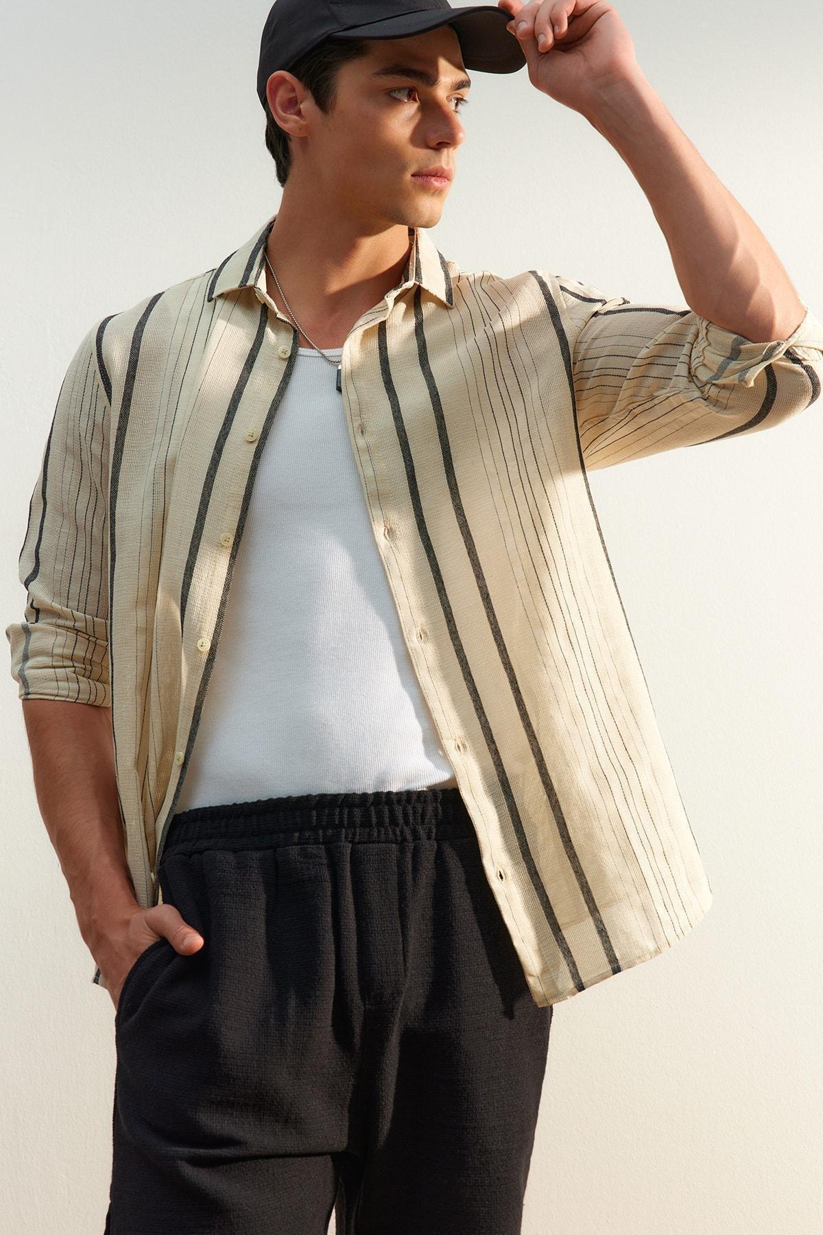 Beige Striped Shirt, Black, large image number 0