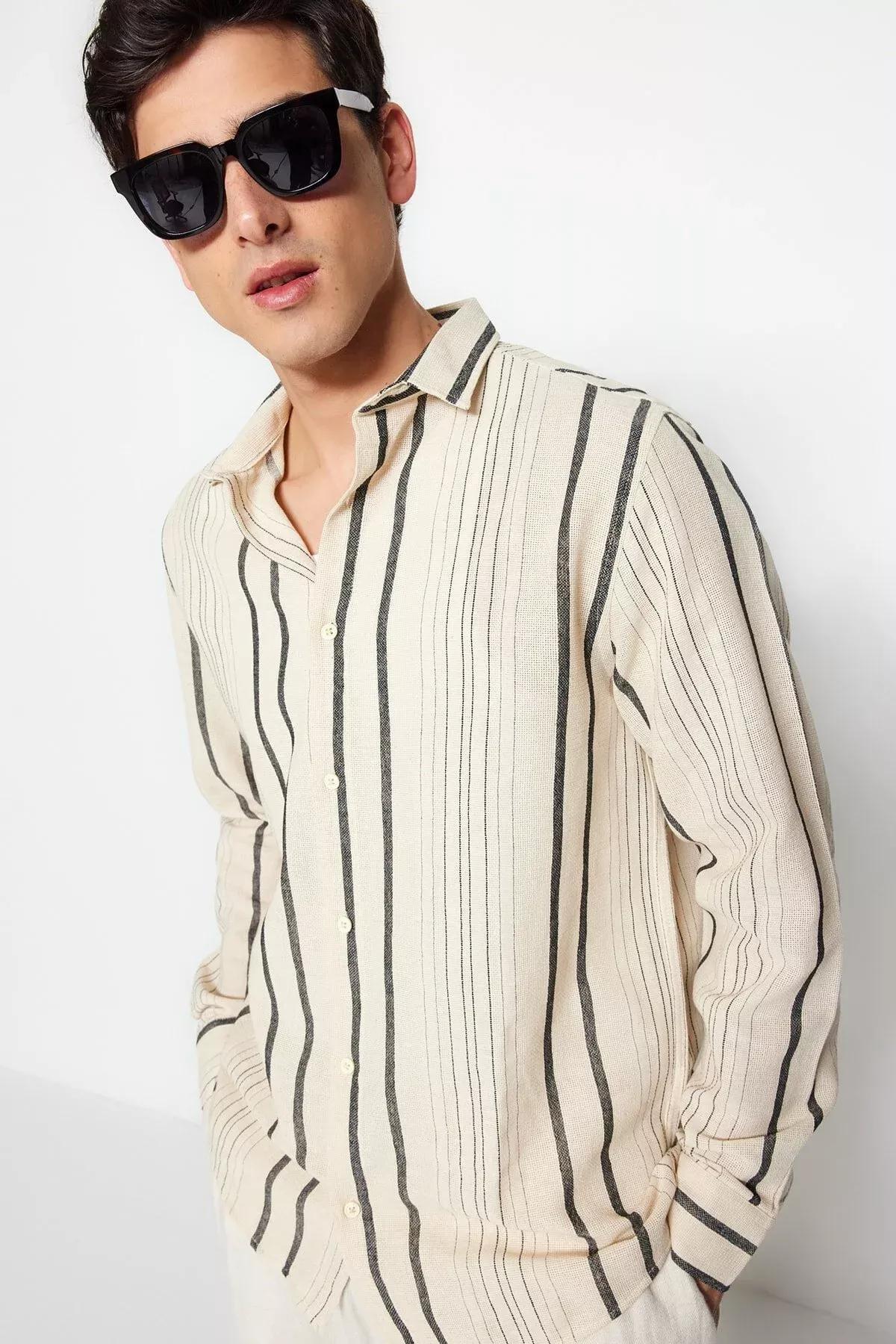 Beige Striped Shirt, Black, large image number 3