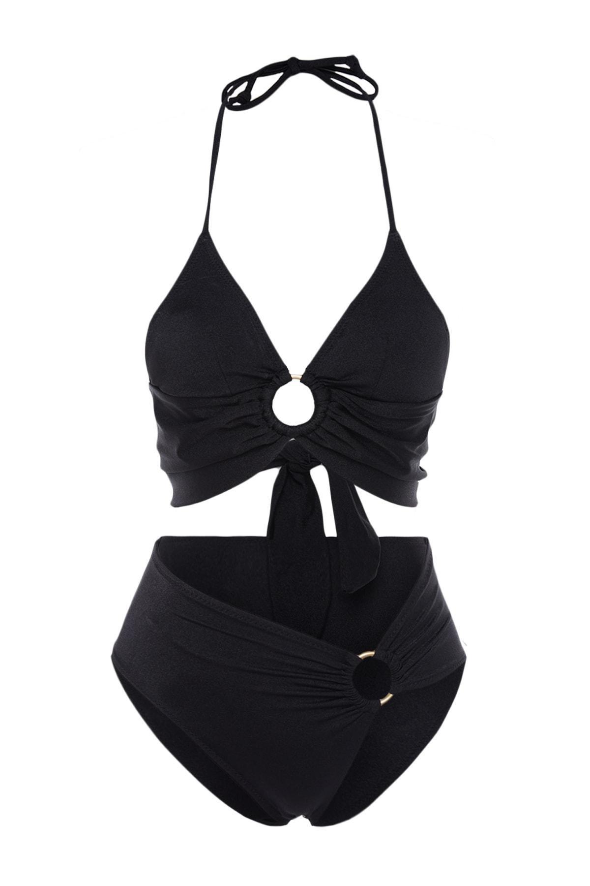 Trendyol - Black Mid Waist Bikini Set