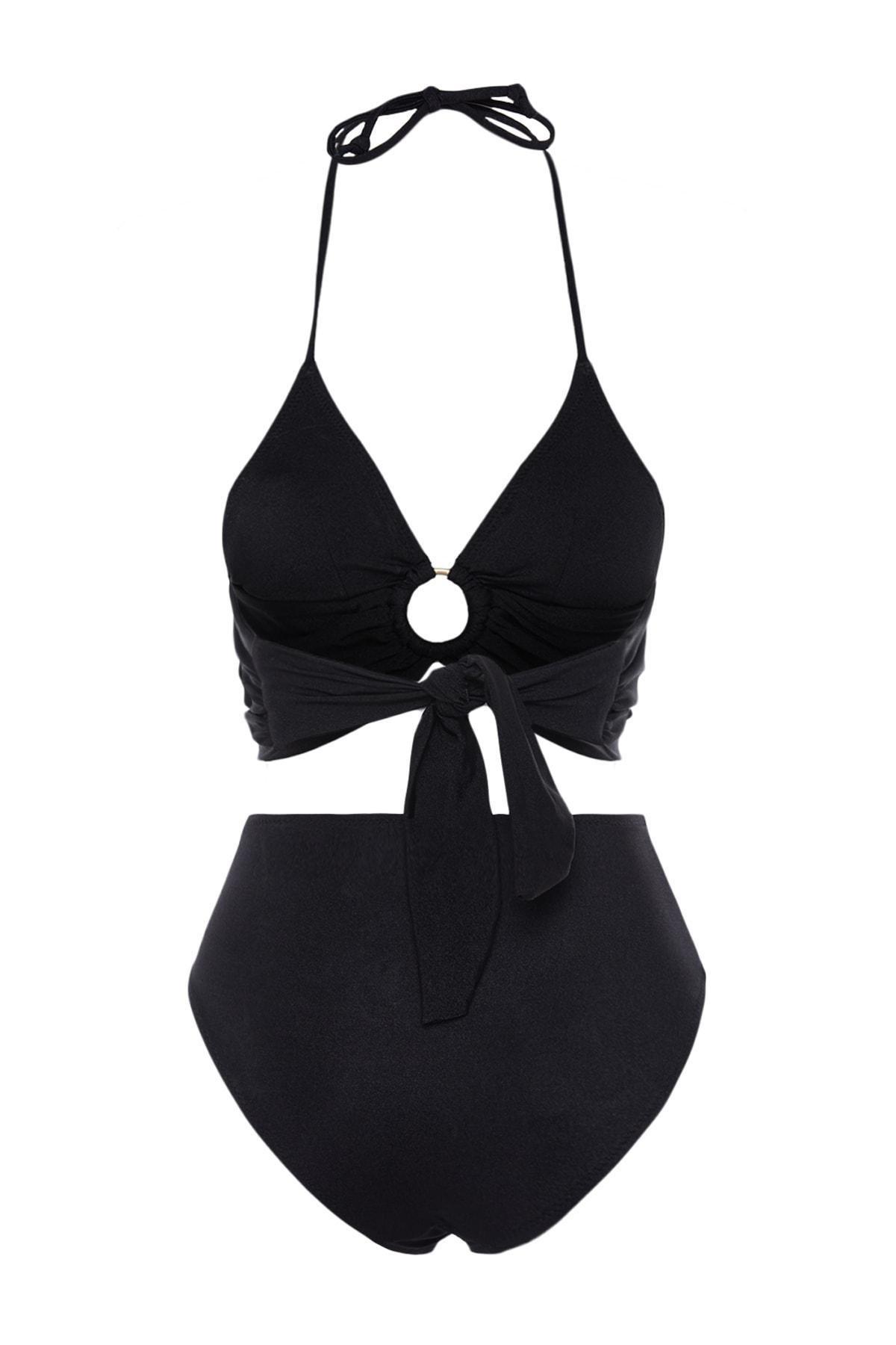 Trendyol - Black Mid Waist Bikini Set