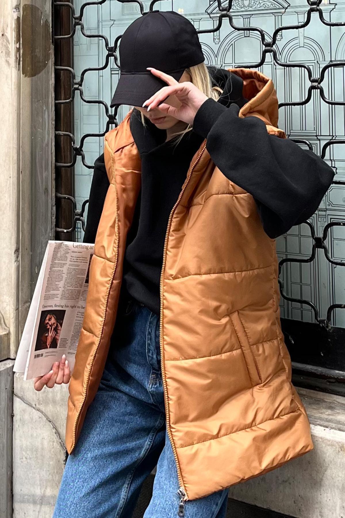 Brown Puffer Oversized Vest, , large image number 0