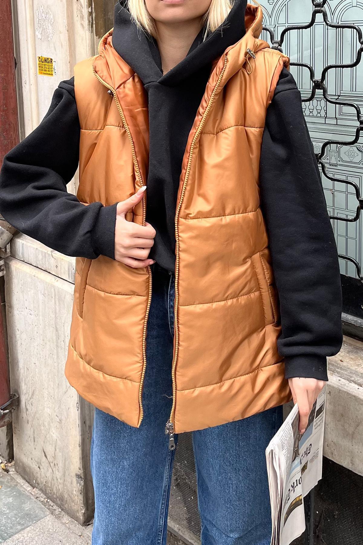 Brown Puffer Oversized Vest, , large image number 1