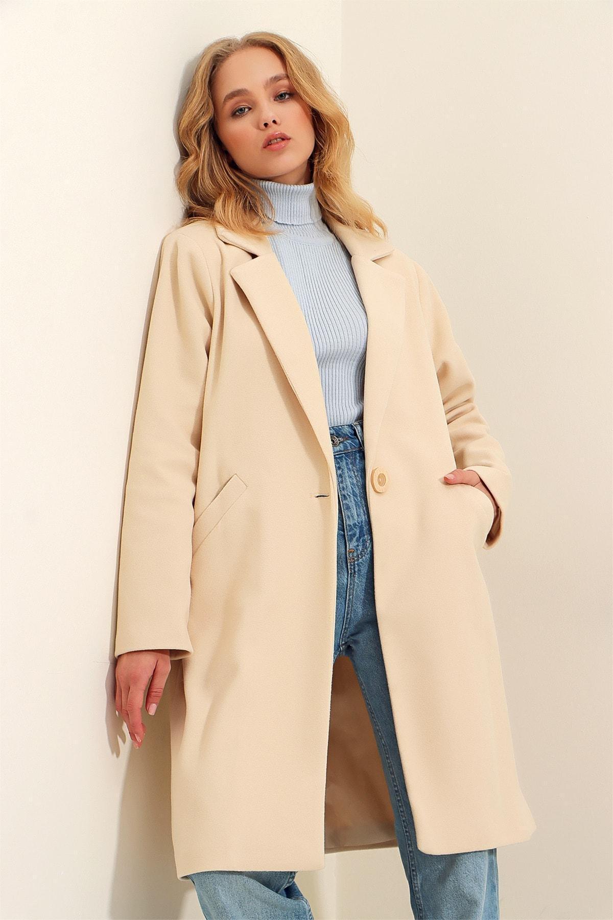 Beige Double-Breasted Coat, , large image number 0