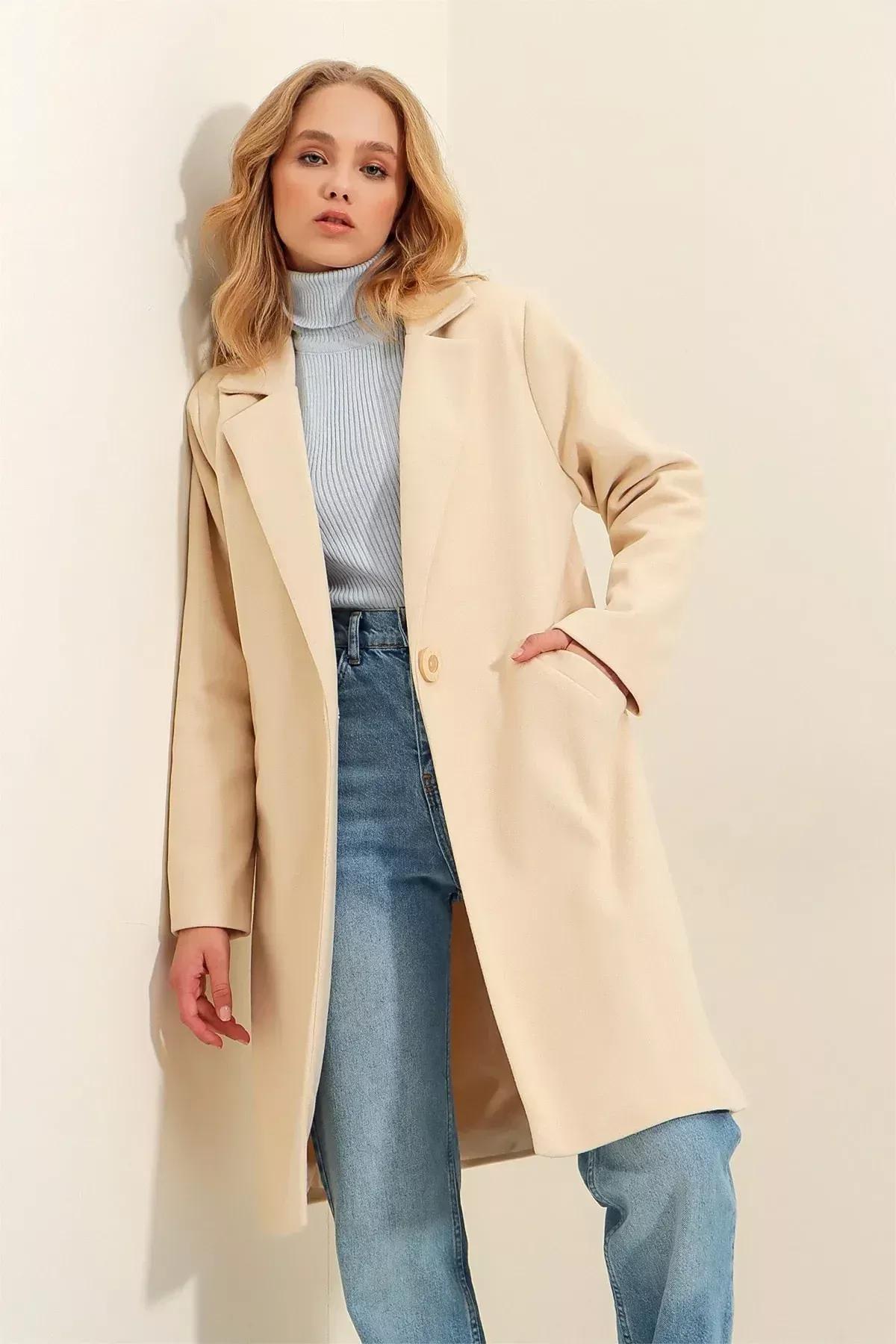 Beige Double-Breasted Coat, Beige, large image number 0