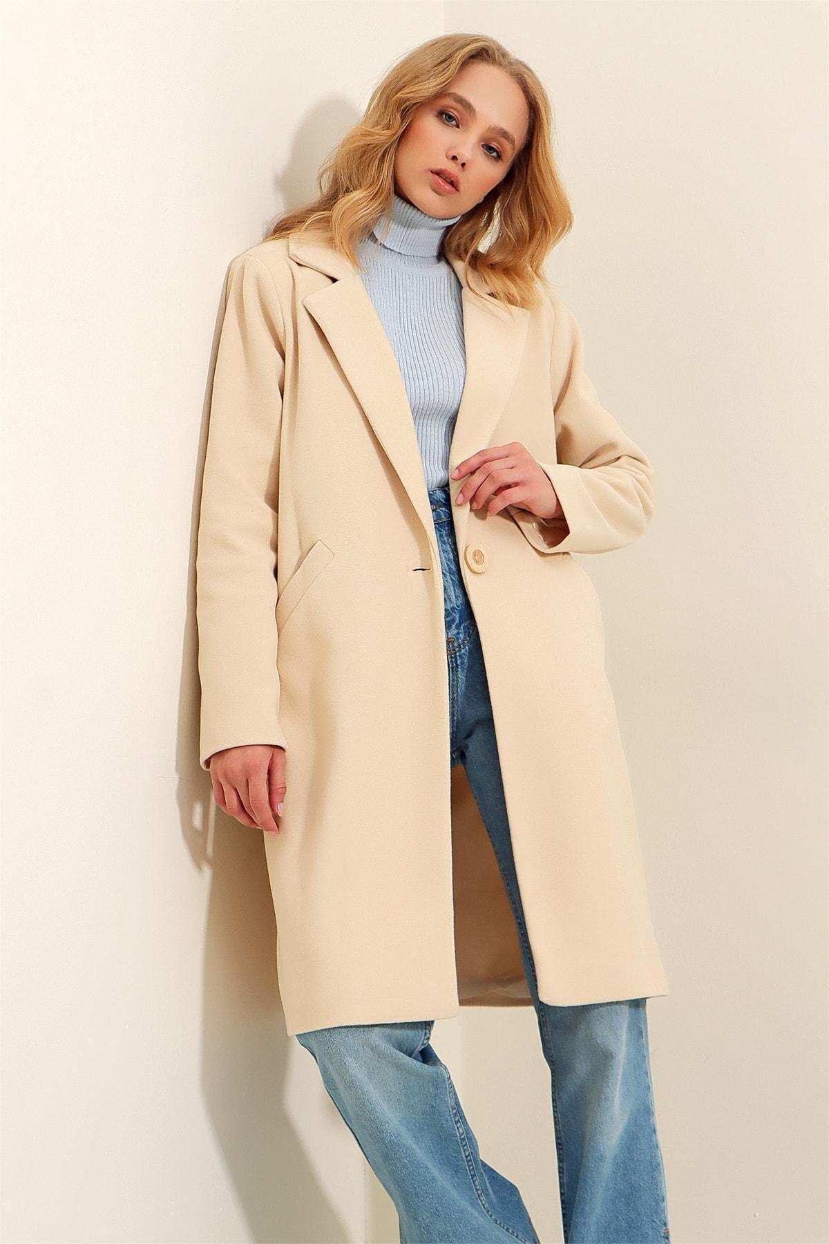 Beige Double-Breasted Coat, , large image number 1