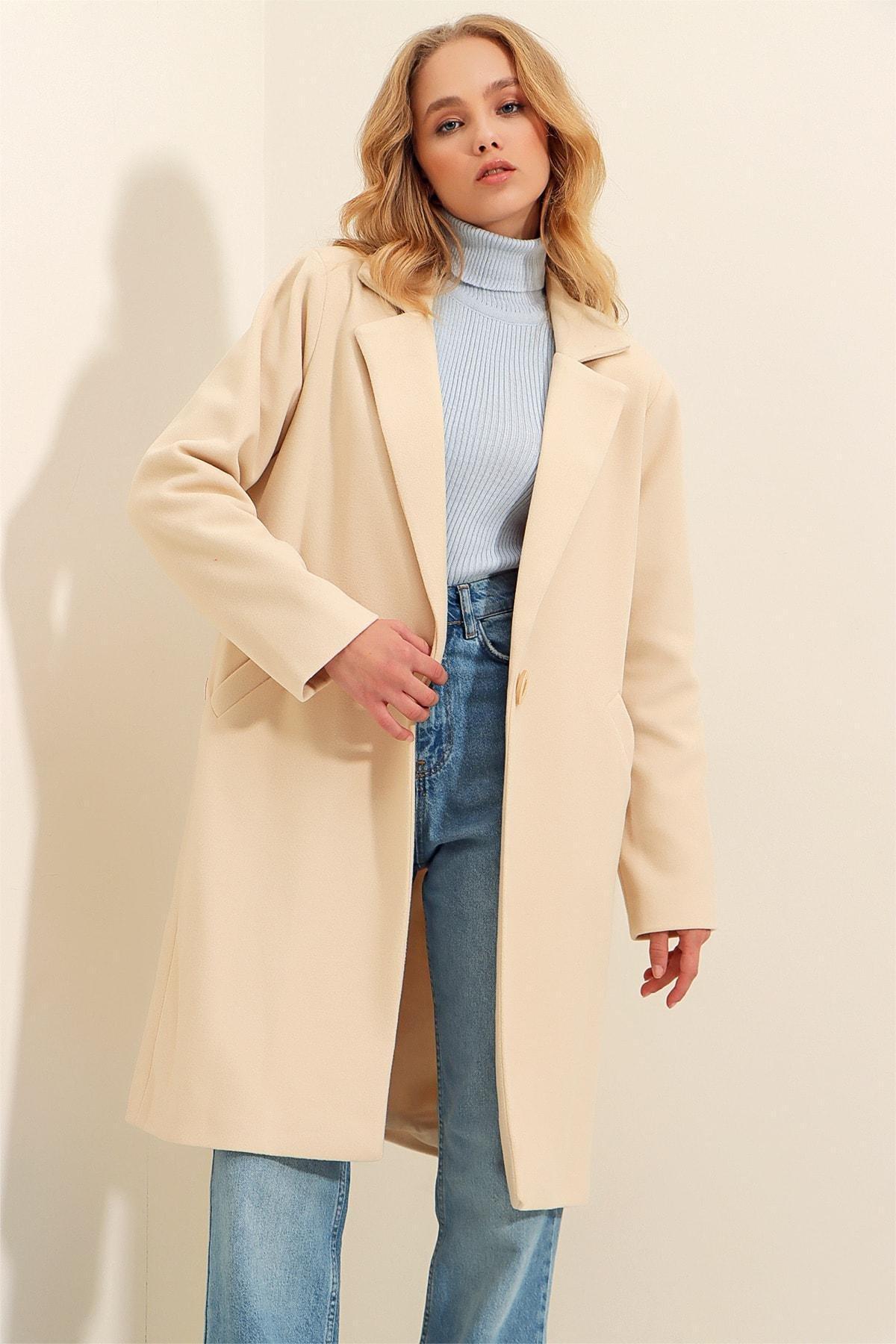 Beige Double-Breasted Coat, , large image number 2