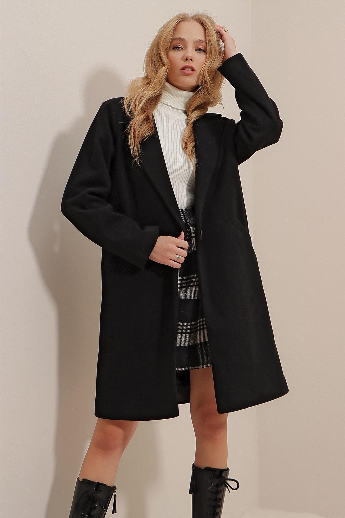 Black Double-Breasted Coat, Black, medium