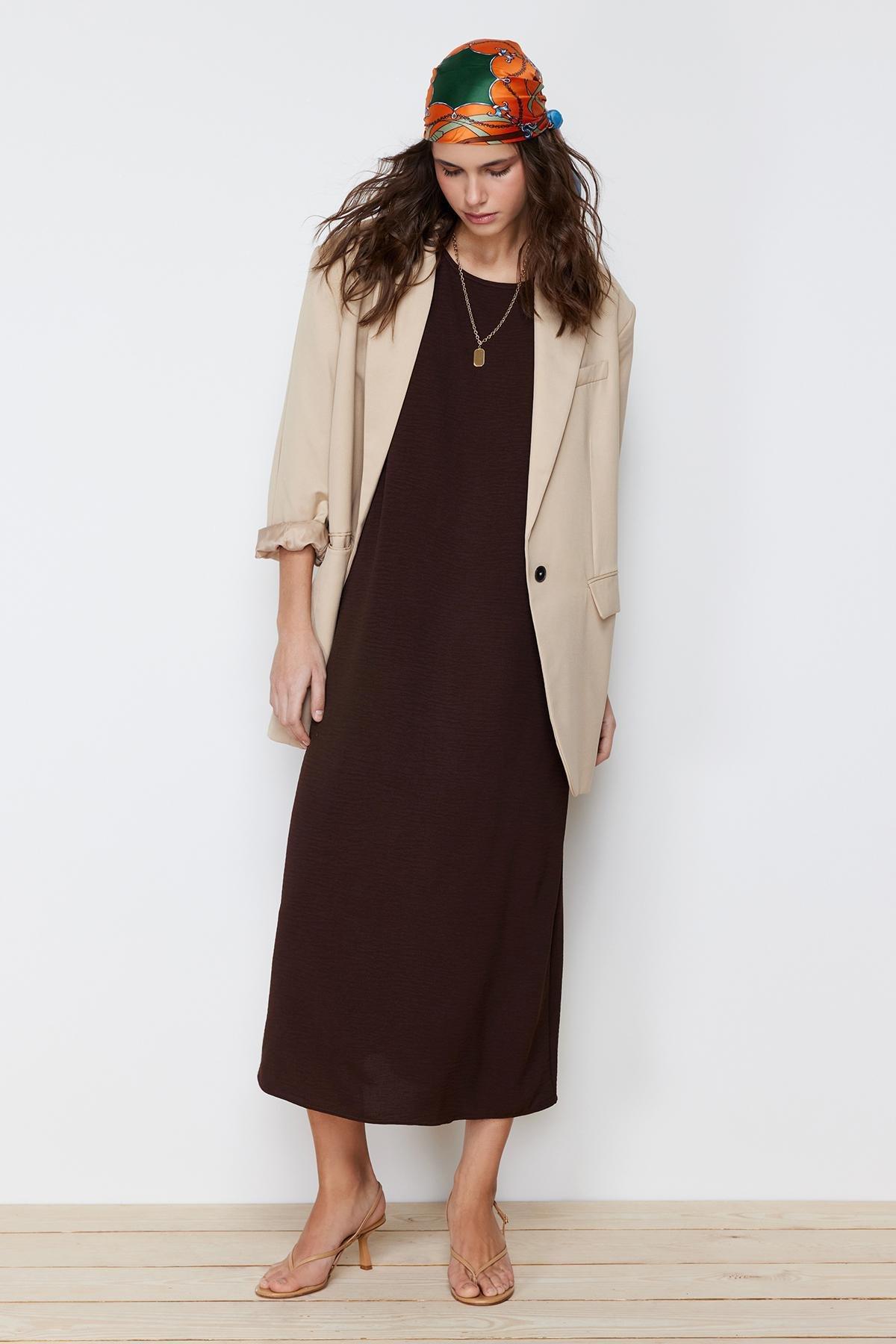 Brown Underwear Long Woven Dress, , large image number 1