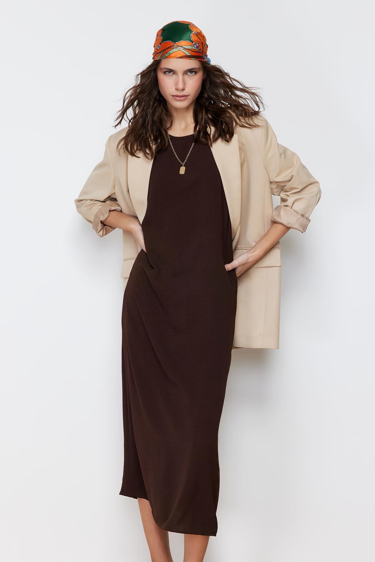 Brown Underwear Long Woven Dress, , large image number 2