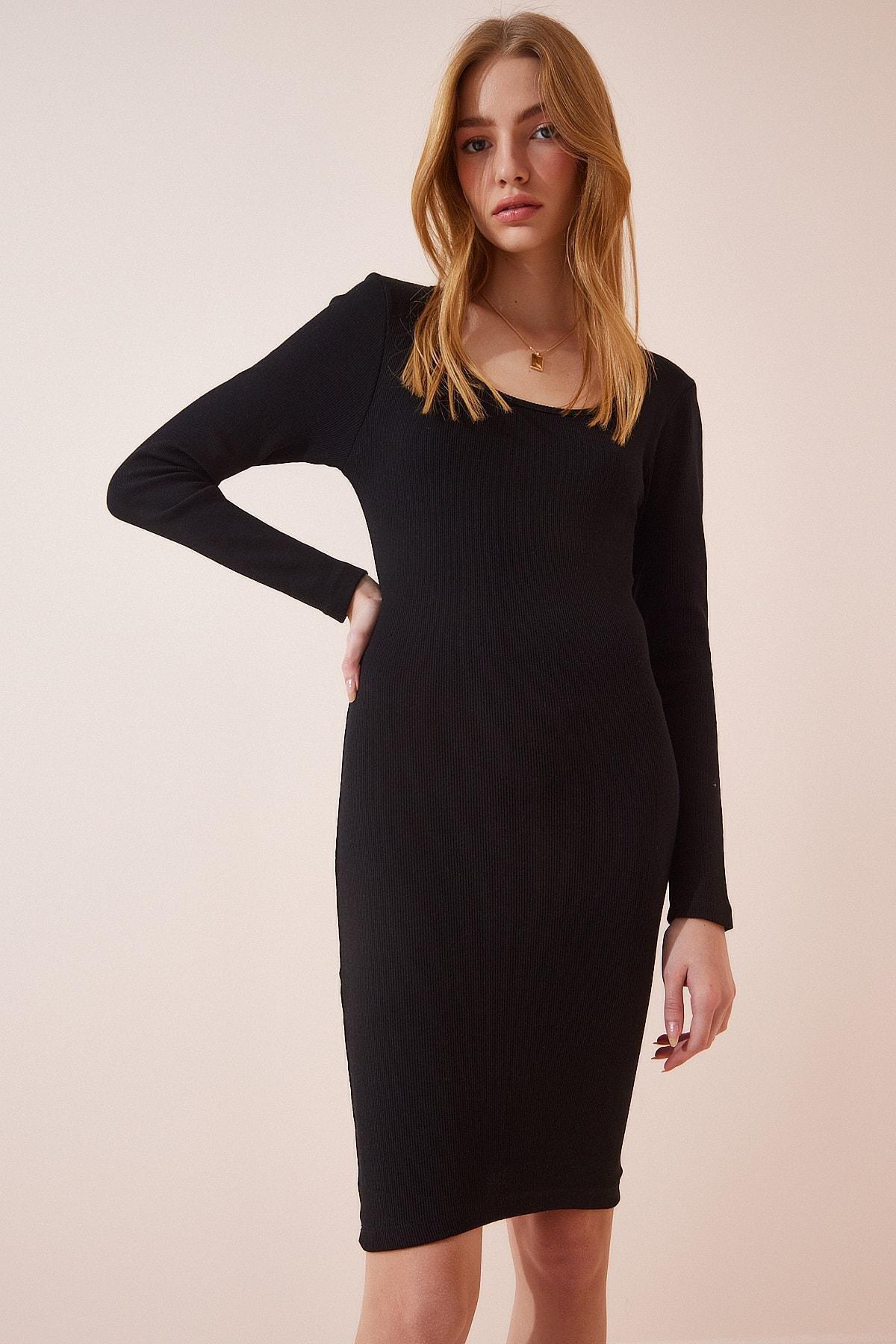 Black Ribbed Knitted Dress, BLACK, large image number 1