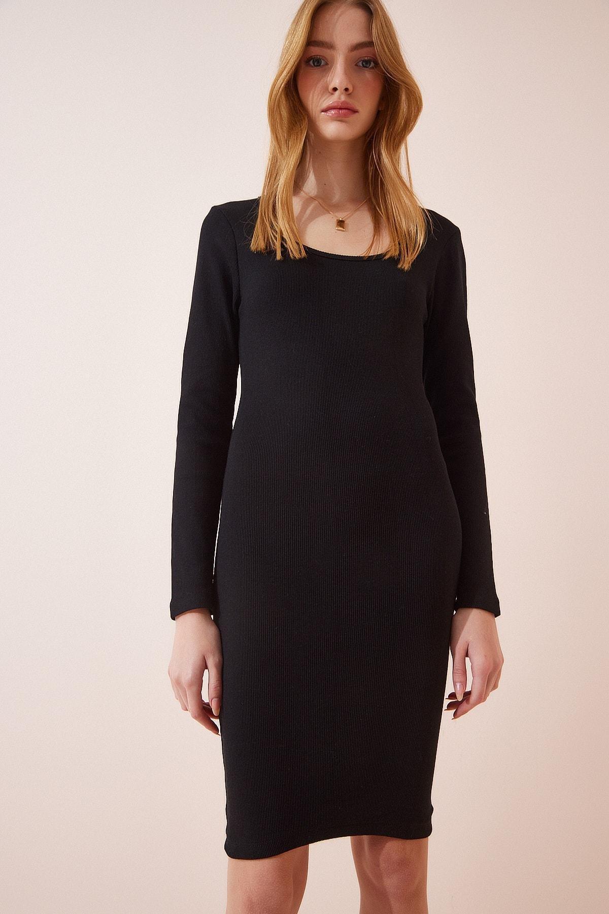 Black Ribbed Knitted Dress, BLACK, large image number 2