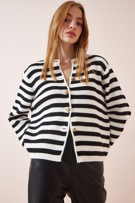 Happiness Istanbul - White Striped Knitwear Cardigan