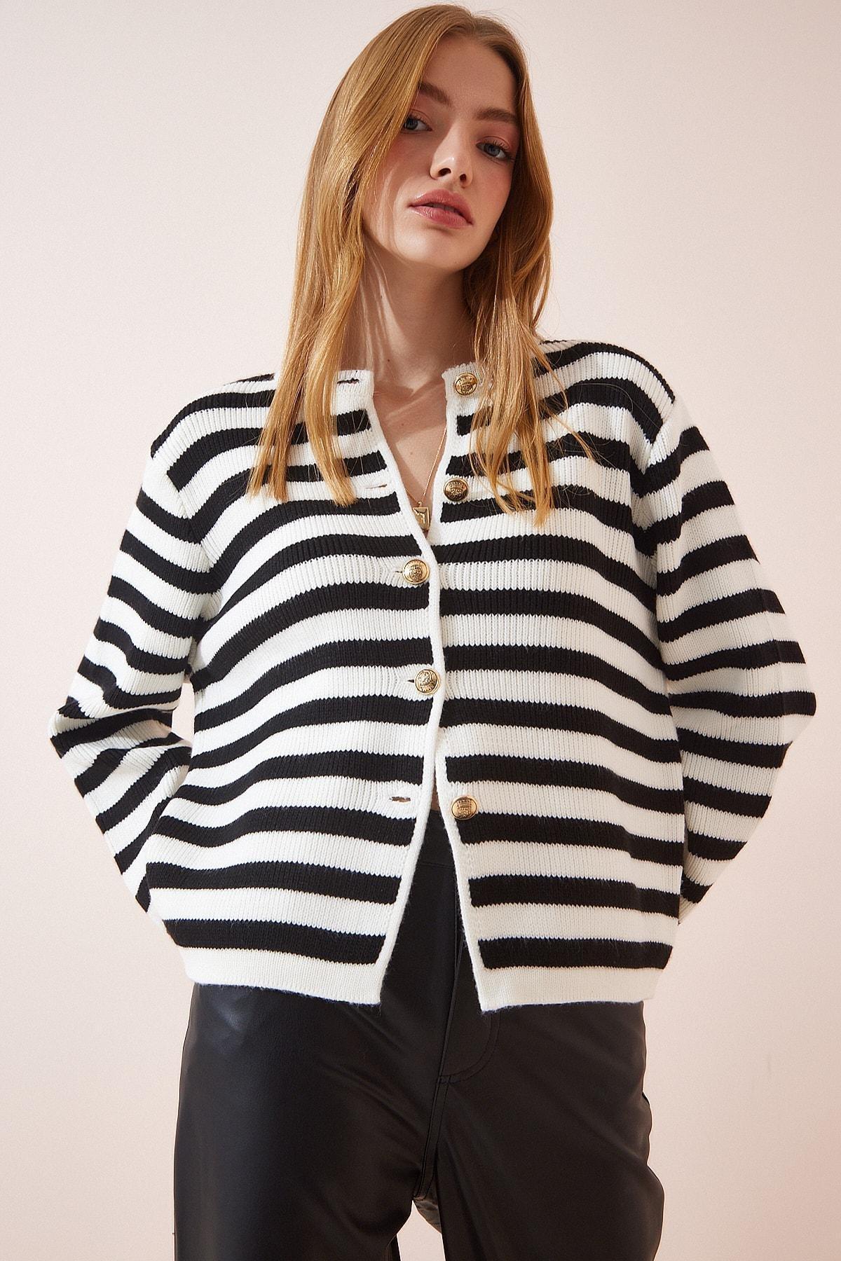 White Striped Knitwear Cardigan, Ecru Black, large image number 0