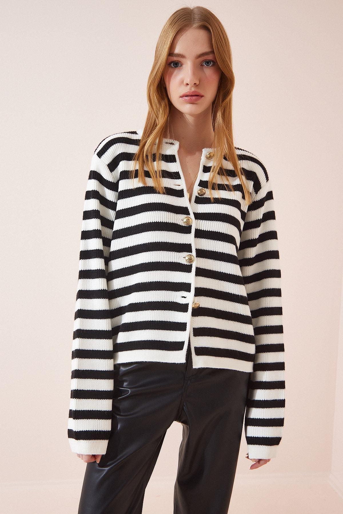 White Striped Knitwear Cardigan, Ecru Black, large image number 2