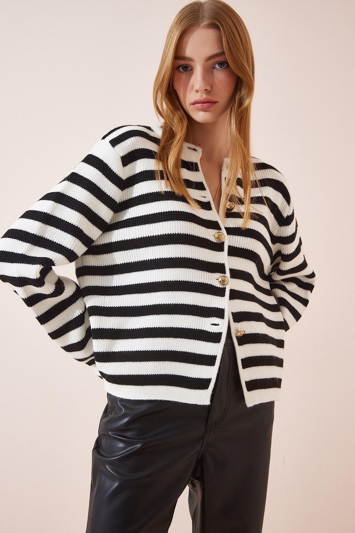 White Striped Knitwear Cardigan, Ecru Black, large image number 3