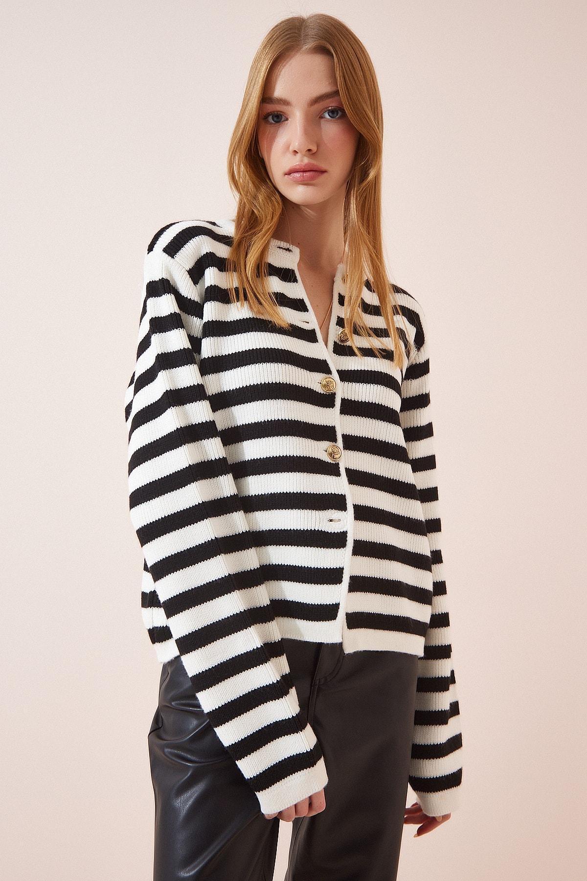 White Striped Knitwear Cardigan, Ecru Black, large image number 4