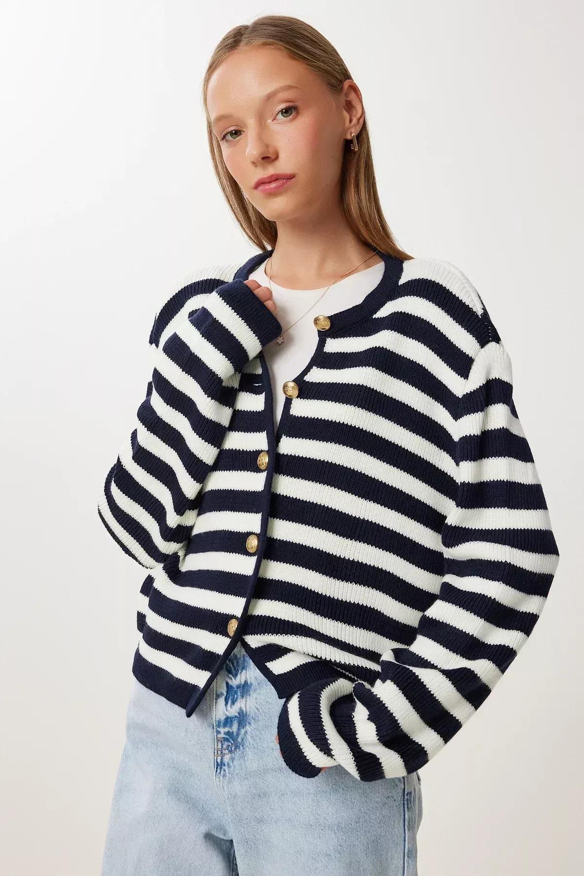 Cream Striped Knitwear Cardigan, Ecru Navy Blue, large image number 0