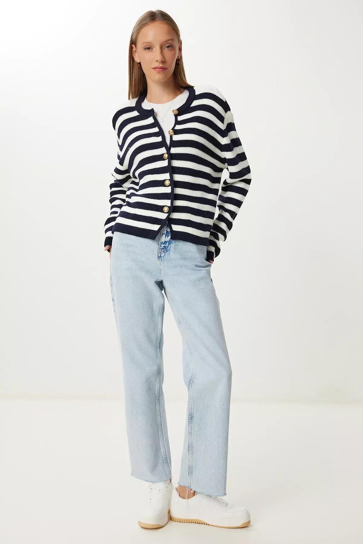 Cream Striped Knitwear Cardigan, Ecru Navy Blue, large image number 1