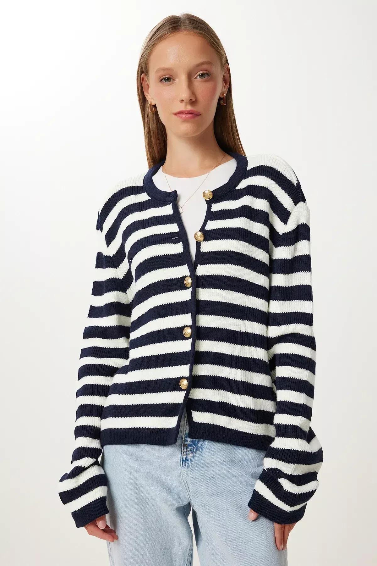 Cream Striped Knitwear Cardigan, Ecru Navy Blue, large image number 2