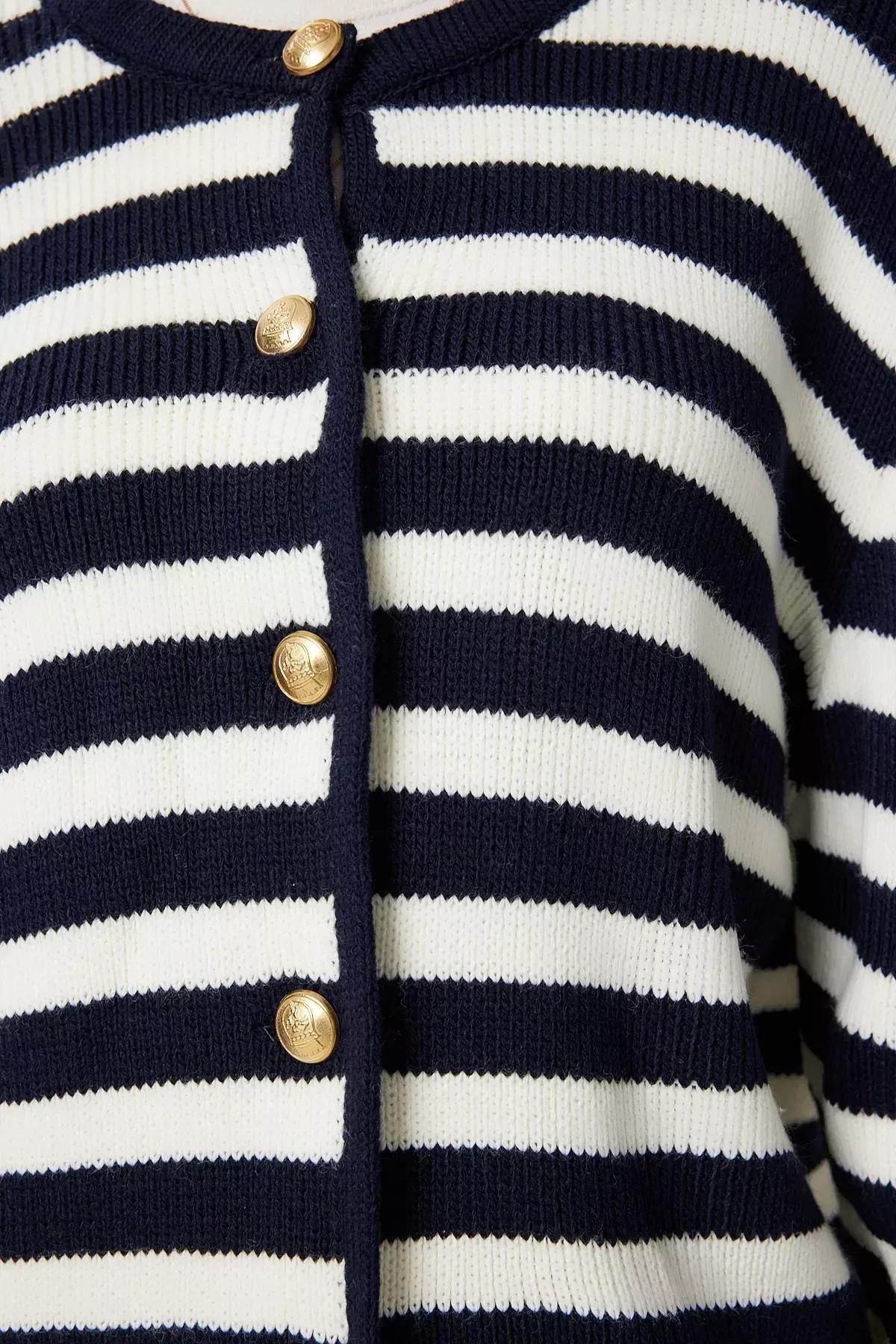Cream Striped Knitwear Cardigan, Ecru Navy Blue, large image number 3