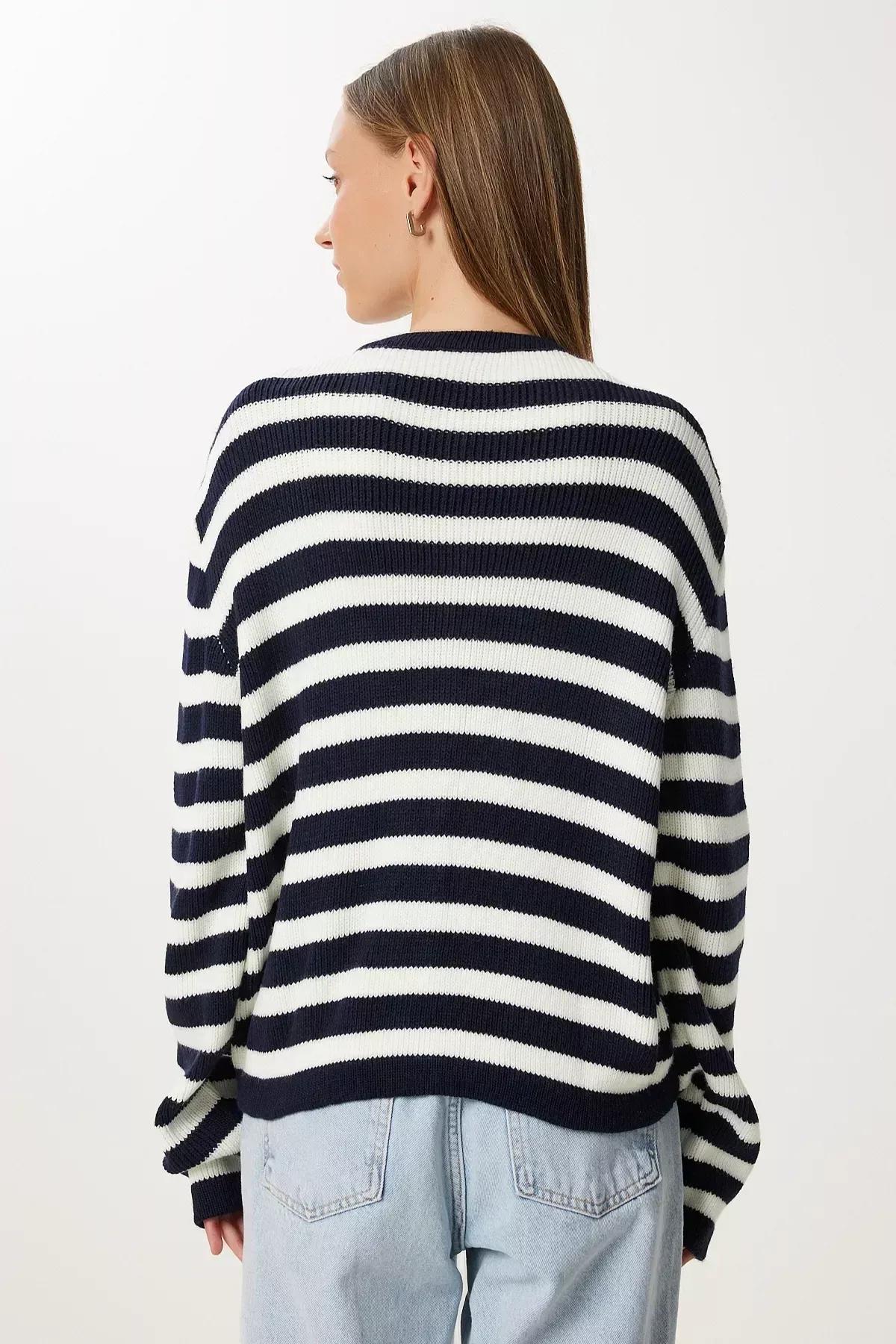 Cream Striped Knitwear Cardigan, Ecru Navy Blue, large image number 4