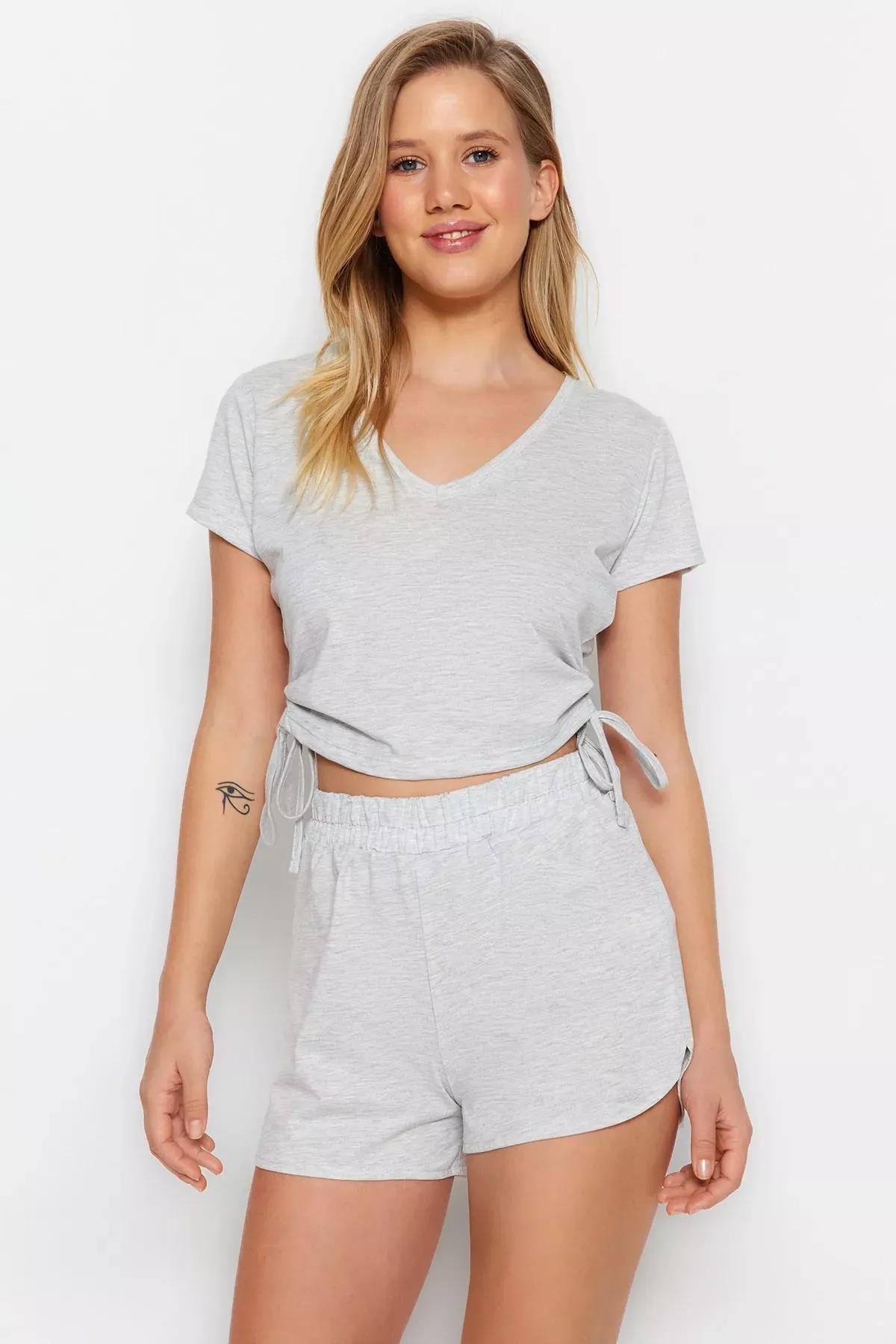 Gray V-Neck Pajama Set, Gray, large image number 0