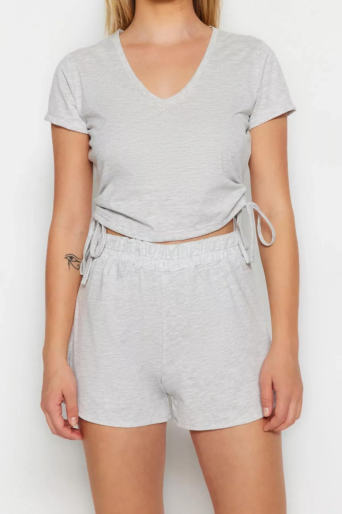 Gray V-Neck Pajama Set, Gray, large image number 3