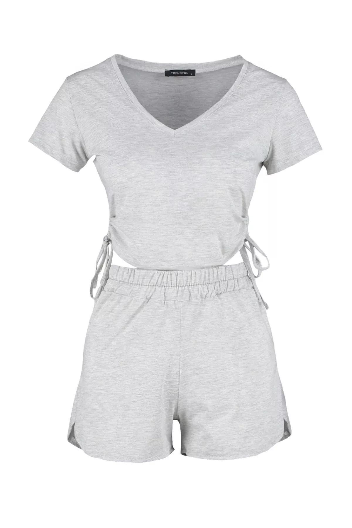 Gray V-Neck Pajama Set, Gray, large image number 7