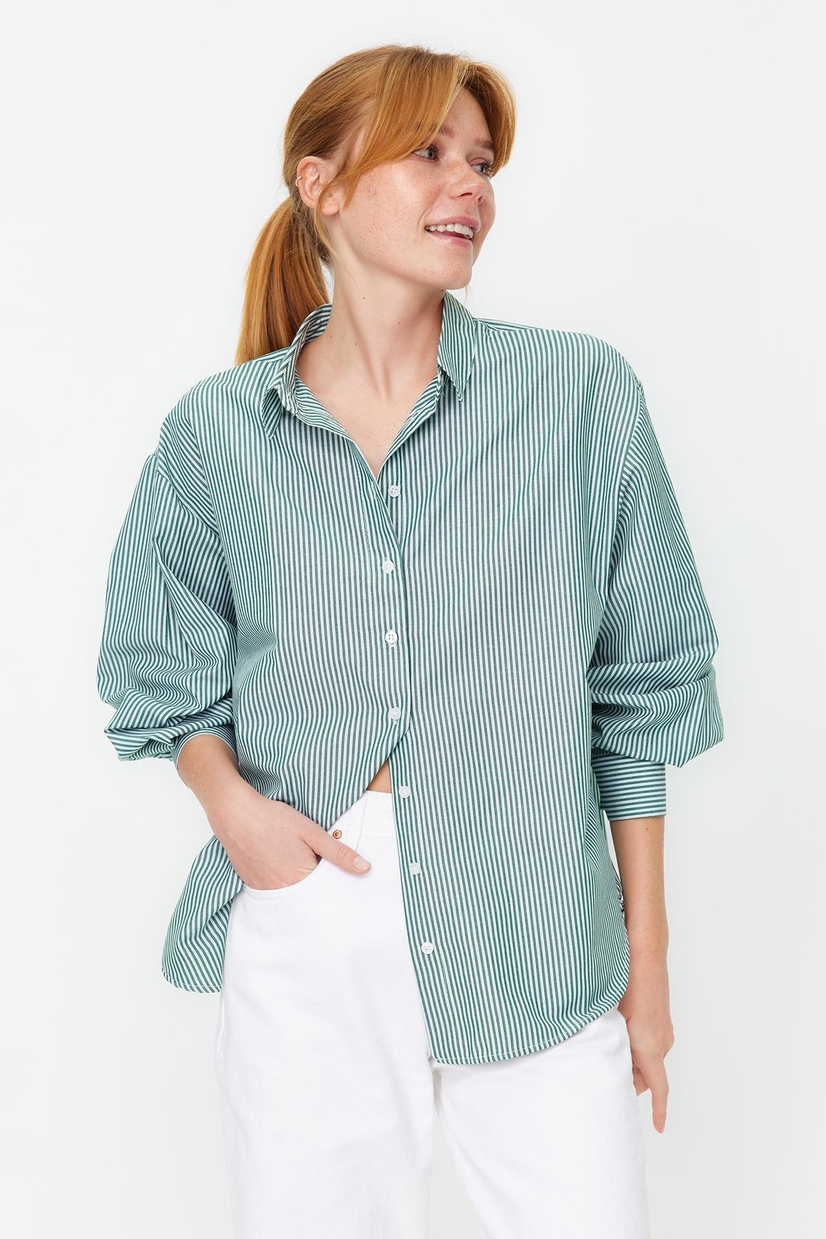 Green Striped Wide Cut Woven Shirt, , large image number 0