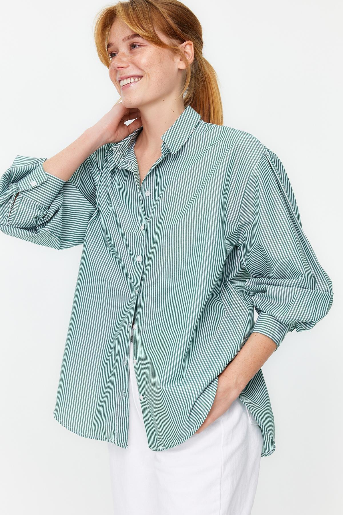 Green Striped Wide Cut Woven Shirt, , large image number 1