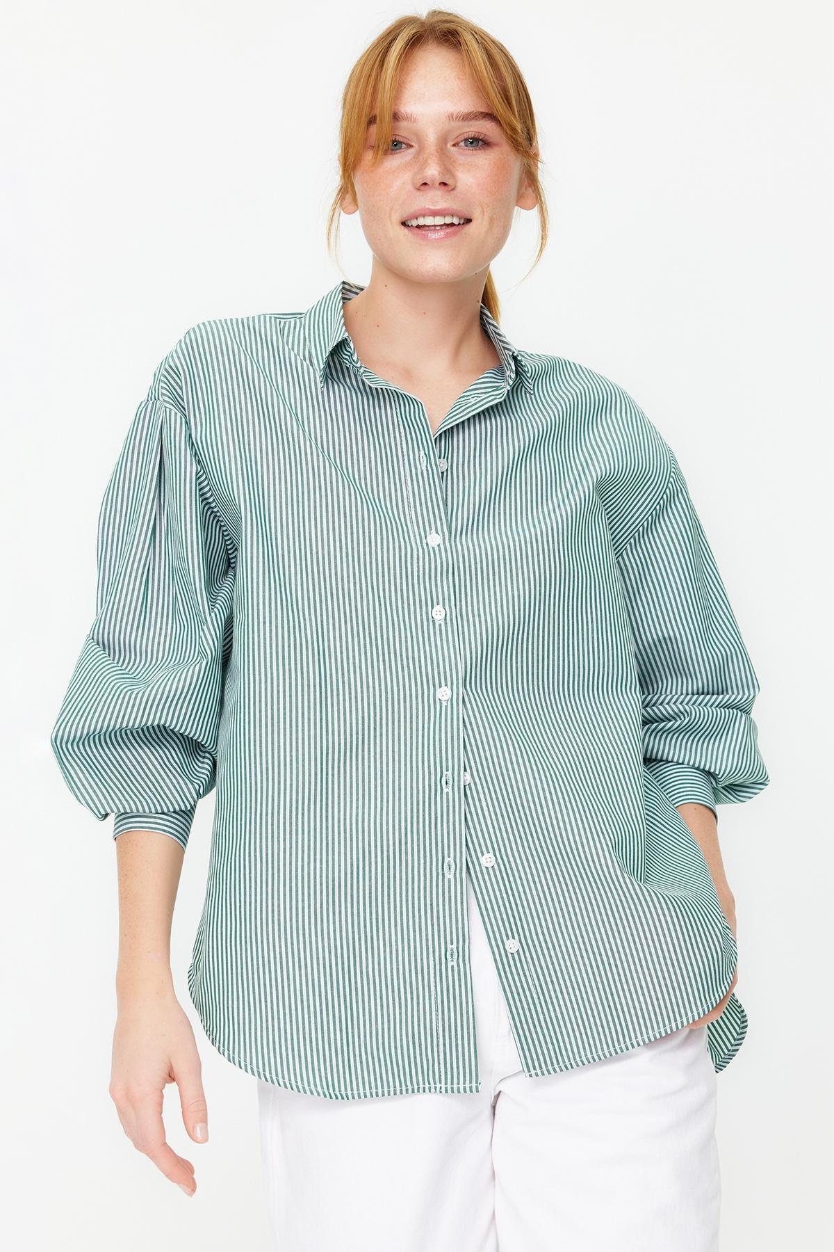 Green Striped Wide Cut Woven Shirt, , large image number 2