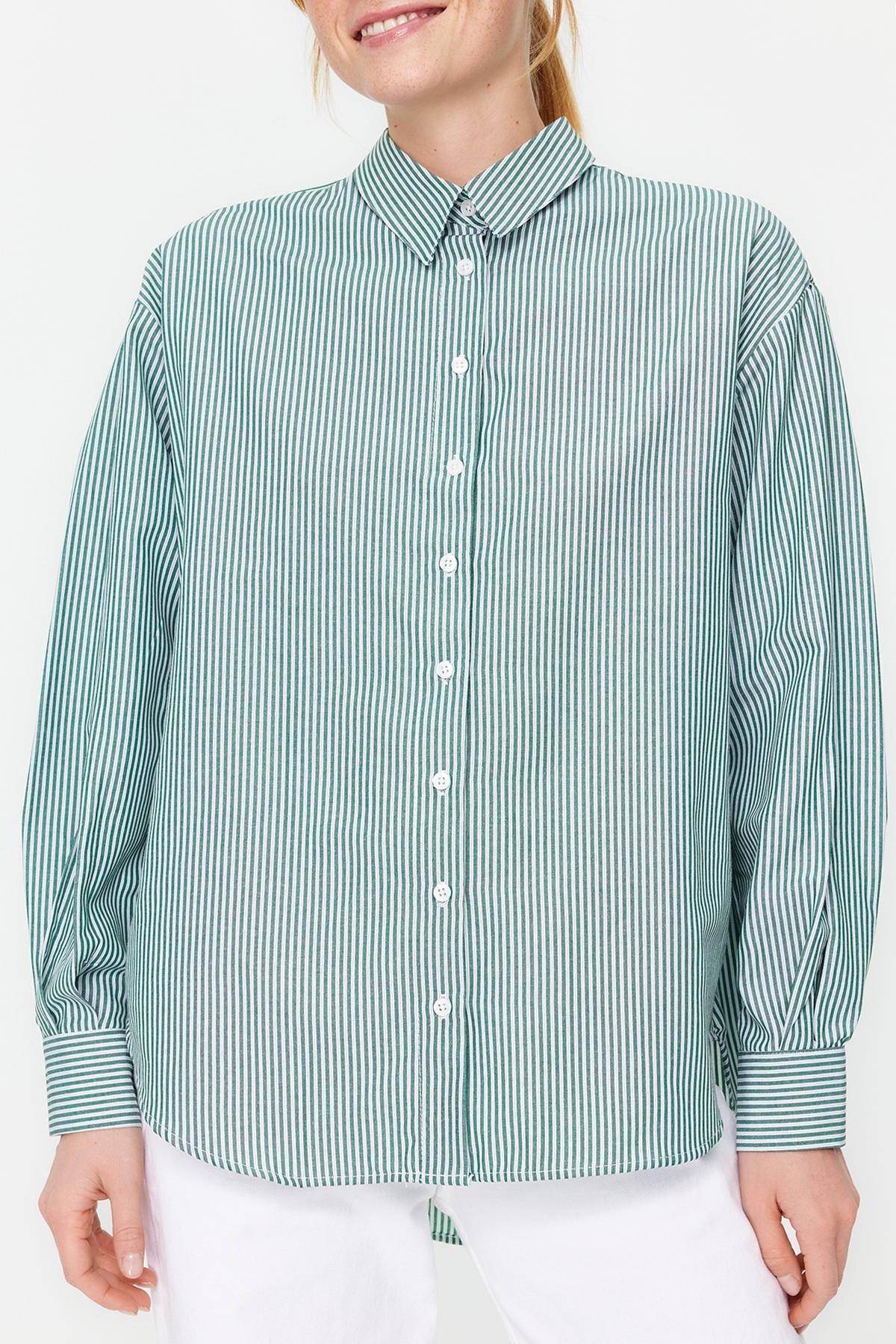 Green Striped Wide Cut Woven Shirt, , large image number 3