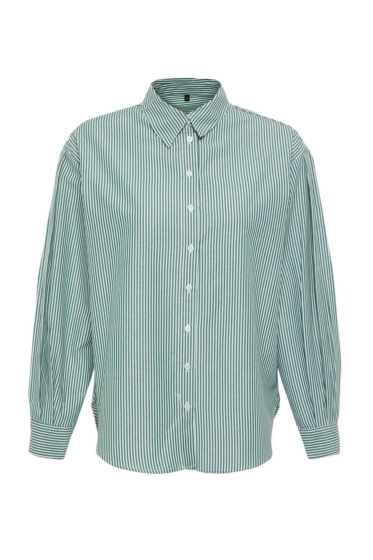 Green Striped Wide Cut Woven Shirt, , large image number 5