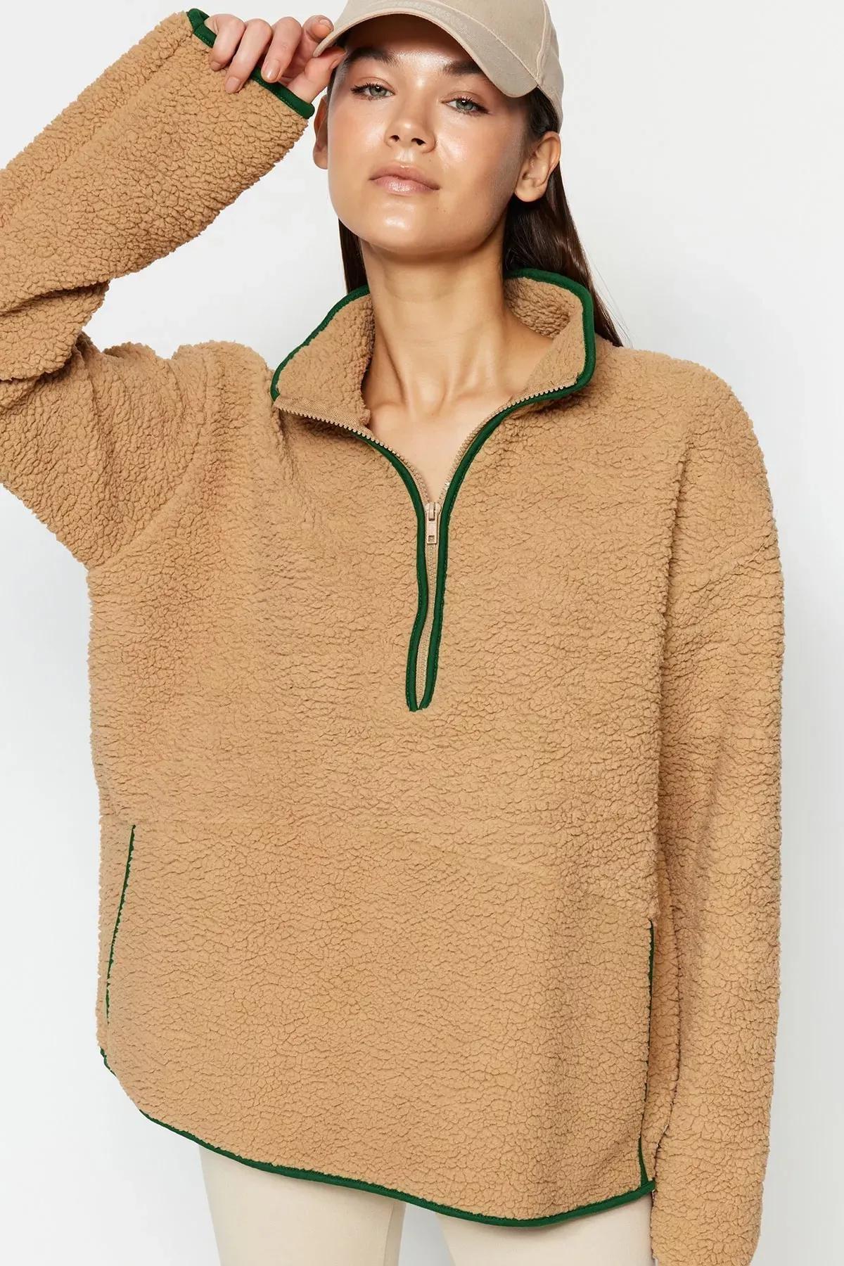 Brown Plush Sports Sweatshirt, Brown, large image number 1