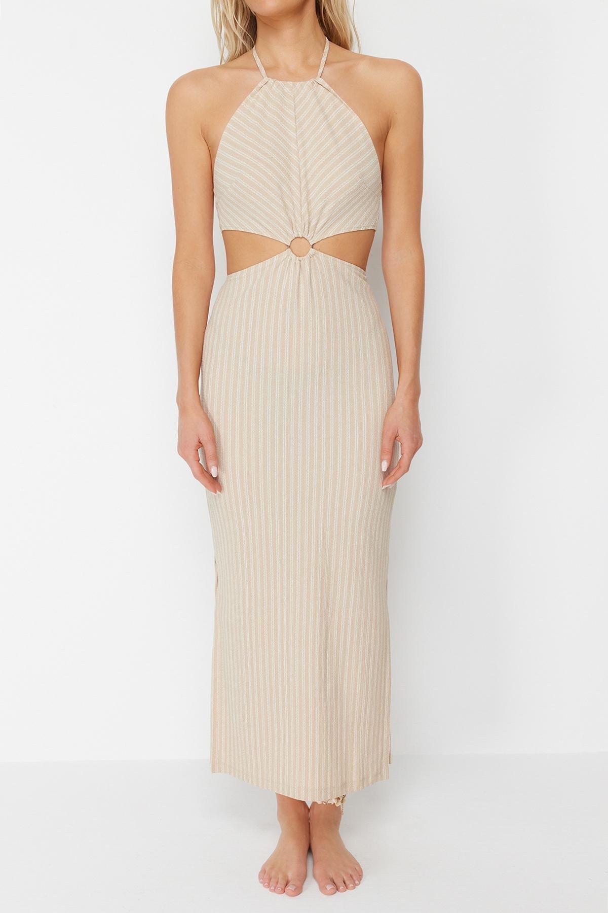 Beige Maxi Knitwear Beach Dress, , large image number 3