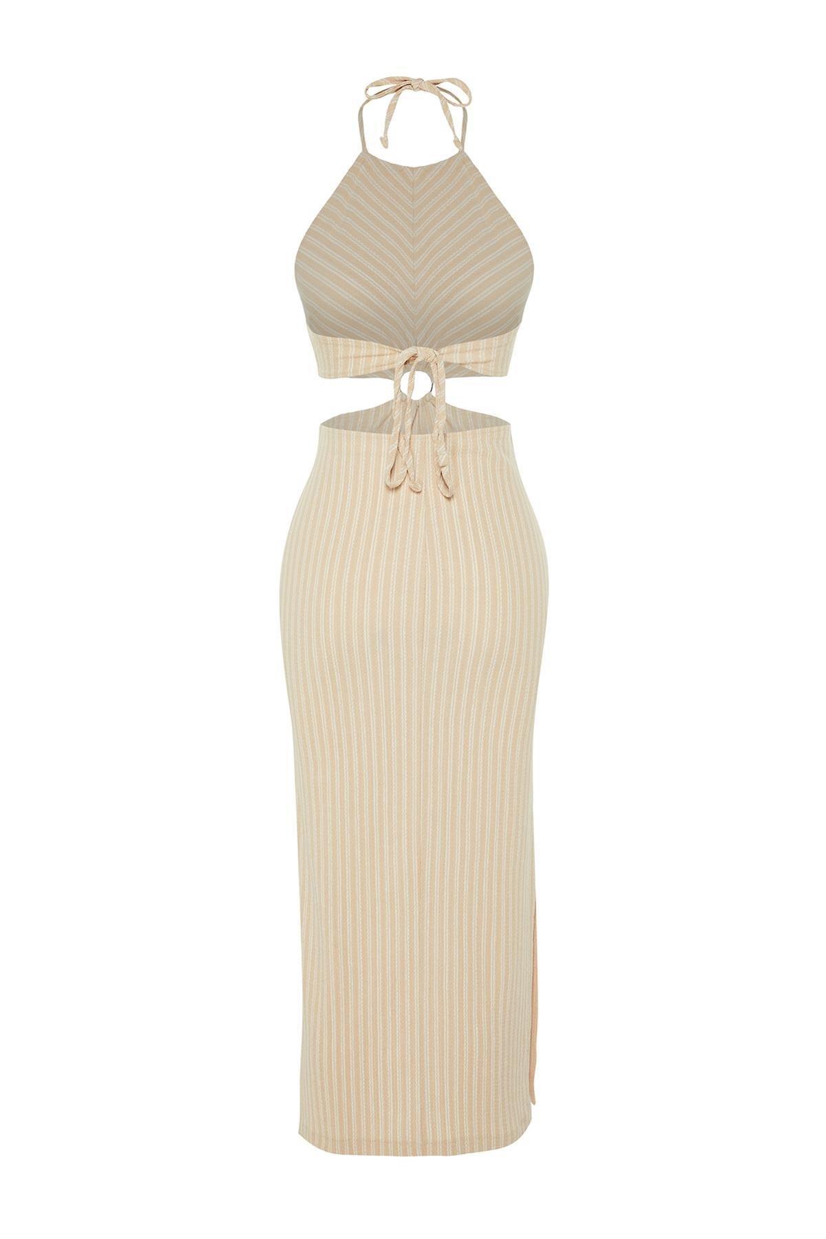 Beige Maxi Knitwear Beach Dress, , large image number 6