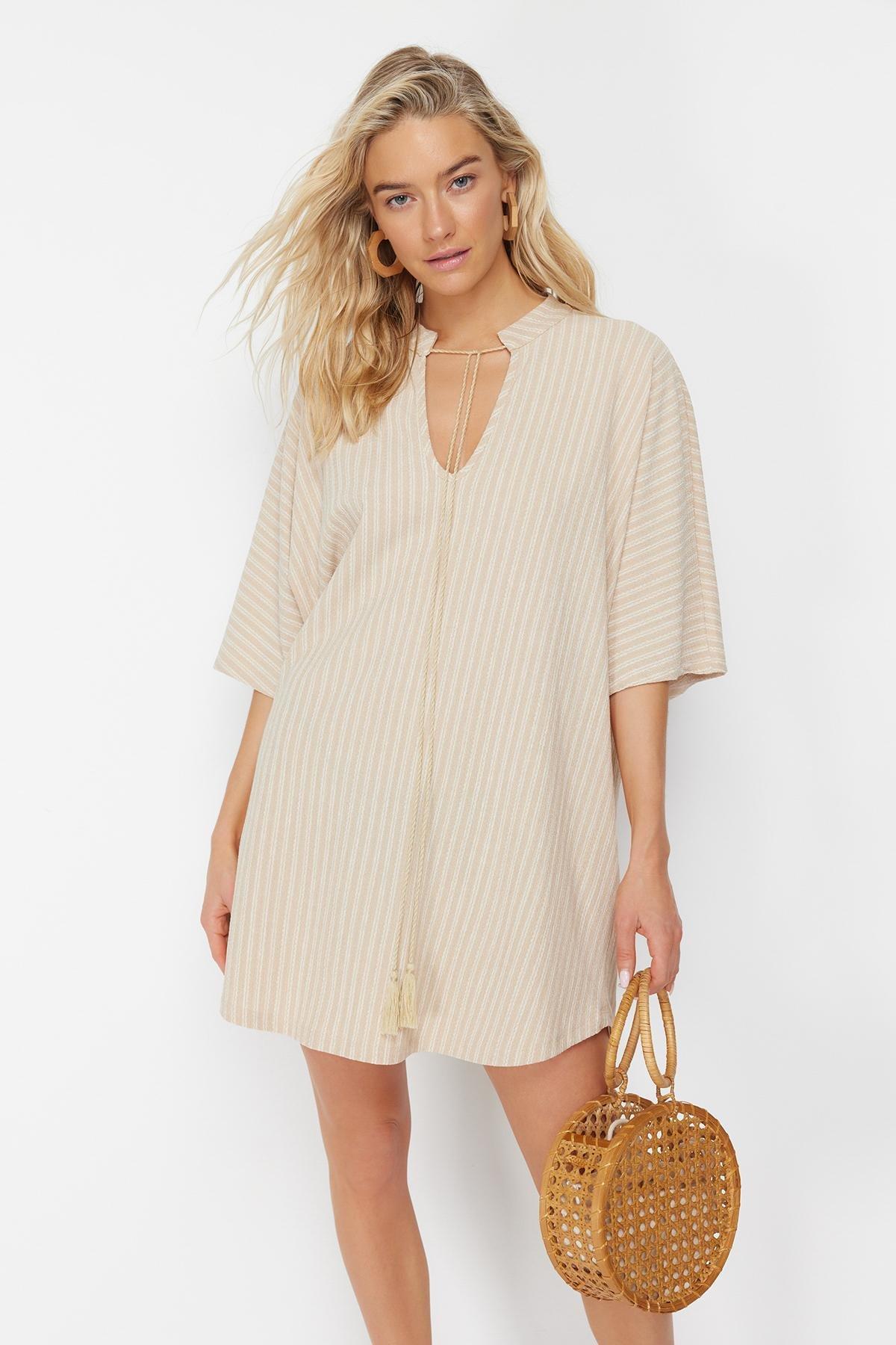 Beige Wide Fit Mini Knitted Beach Dress, , large image number 0
