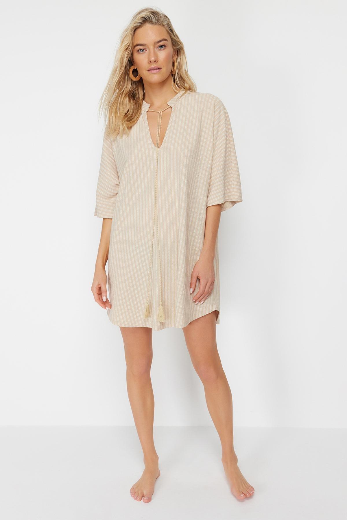 Beige Wide Fit Mini Knitted Beach Dress, , large image number 1