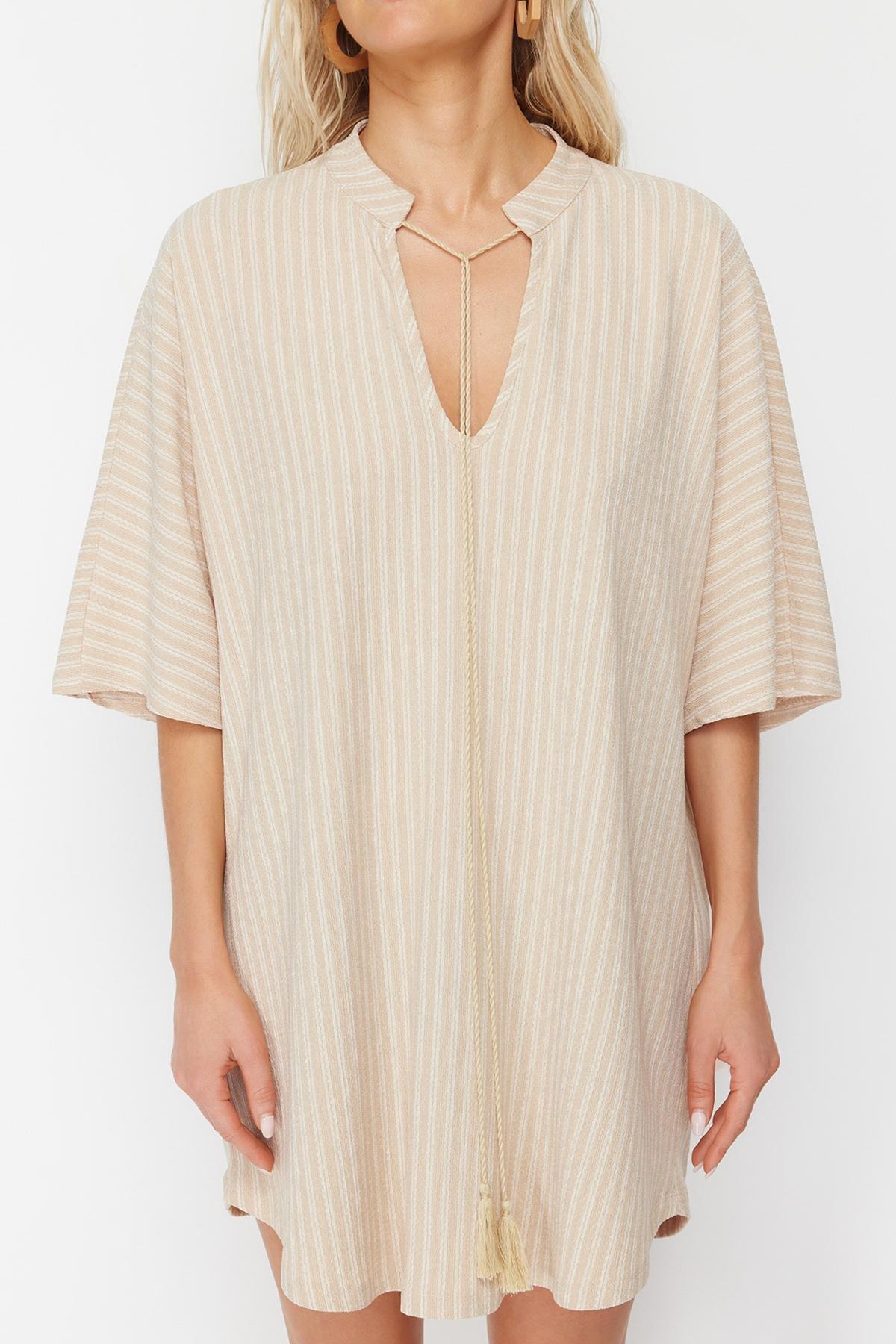 Beige Wide Fit Mini Knitted Beach Dress, , large image number 3