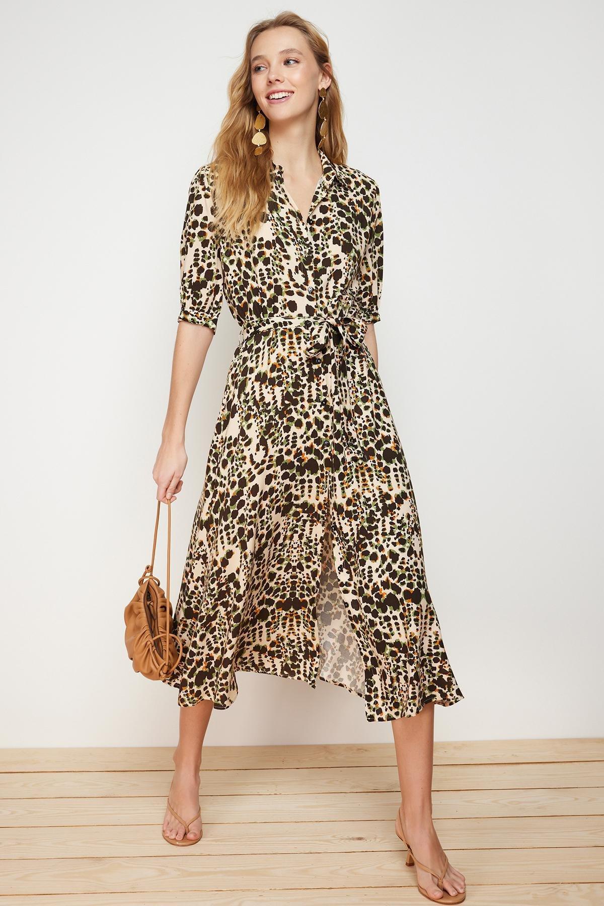 Cream Belted Midi Woven Shirt Dress, , large image number 1