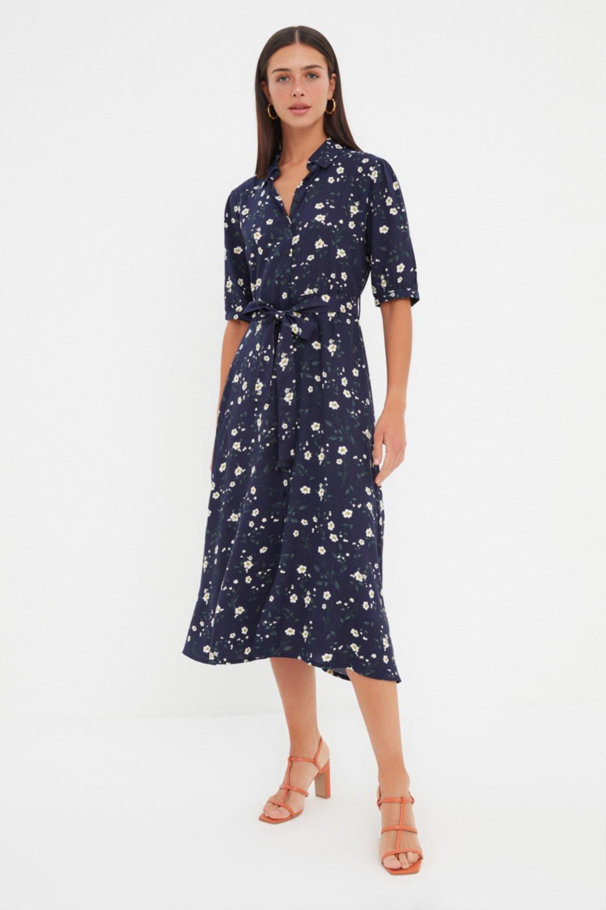 Navy Floral Shirt Dress, , medium