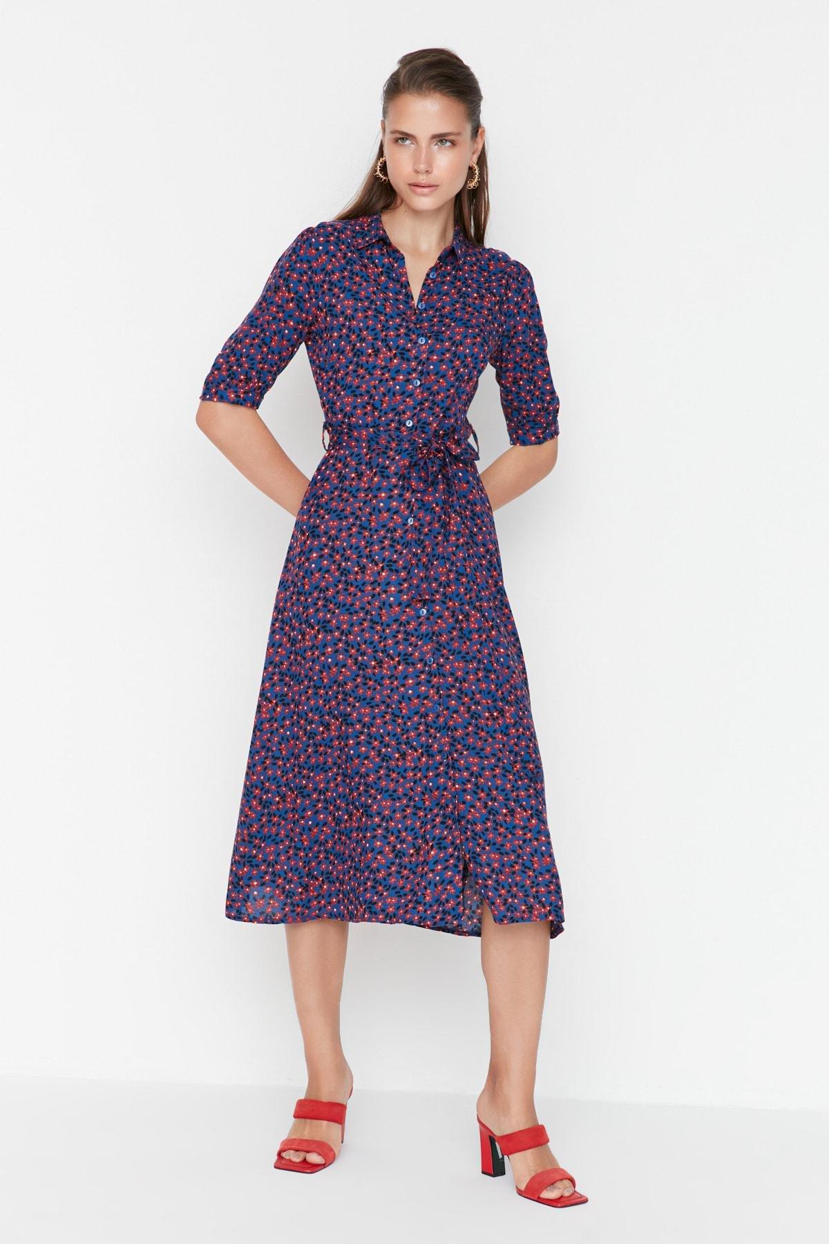 Navy Floral Shirt Dress, , large image number 1